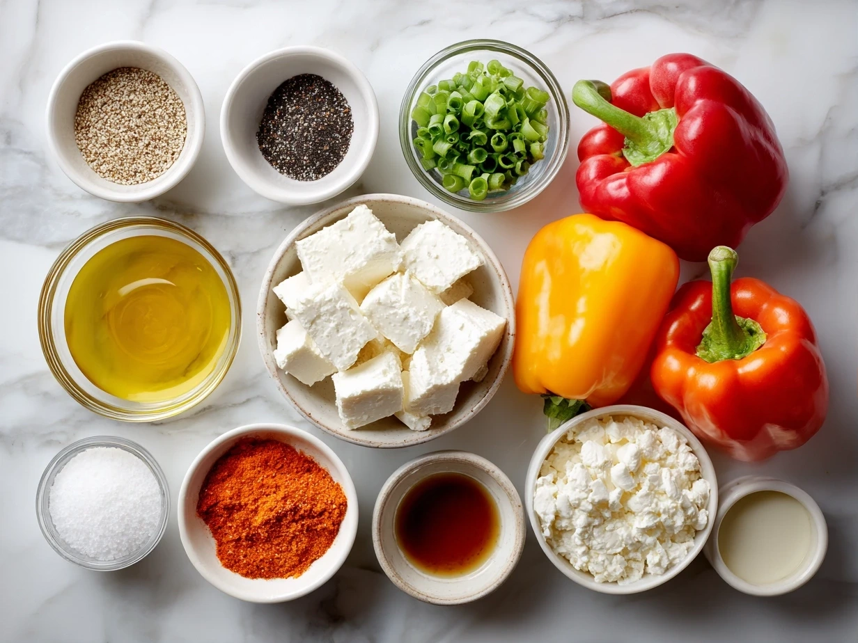 Ingredients for Goat Cheese Stuffed Mini Peppers including mini sweet peppers, goat cheese, olive oil, honey, and fresh herbs.
