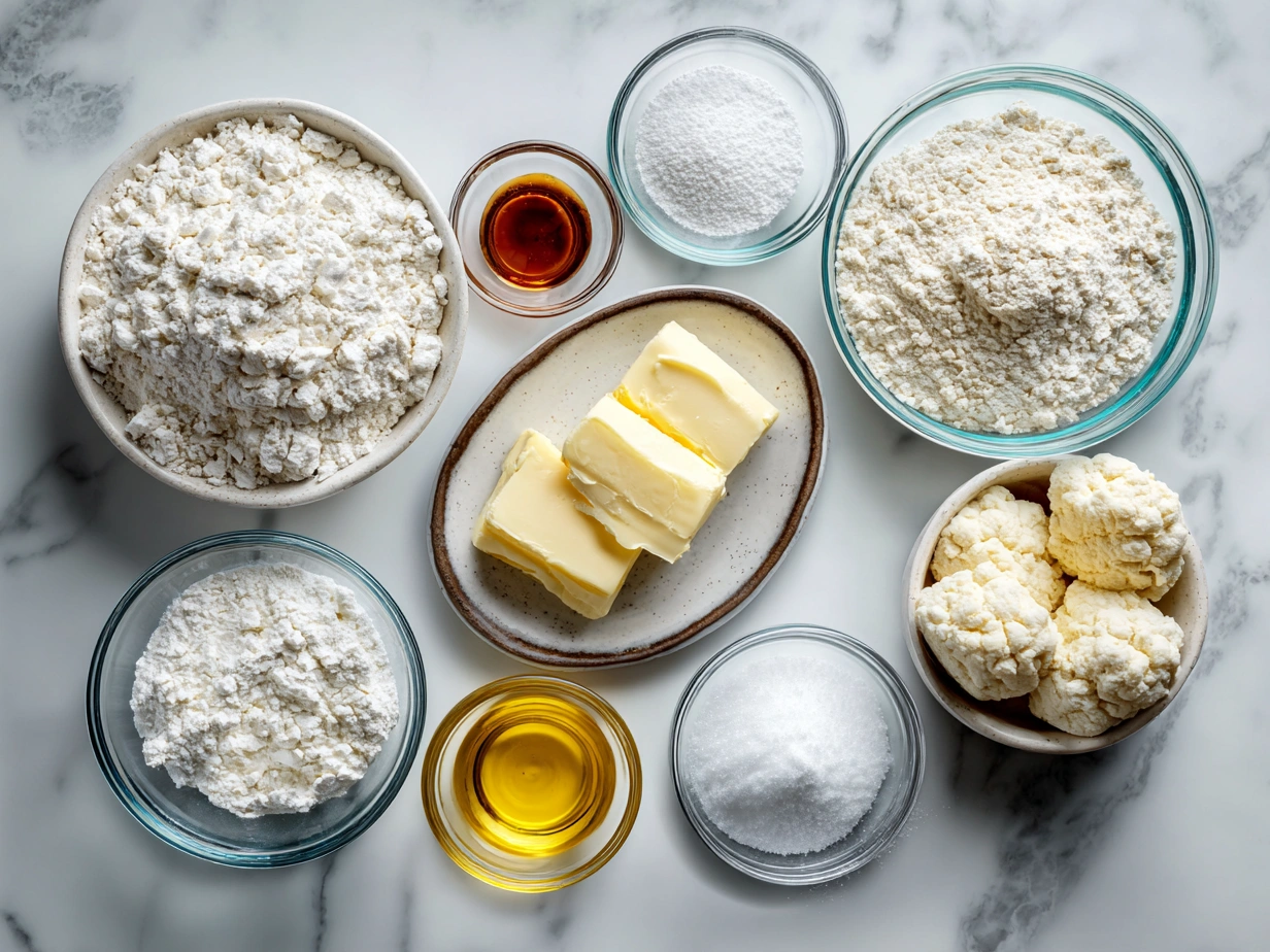 Ingredients for Homemade Buttermilk Biscuits laid out on a wooden surface