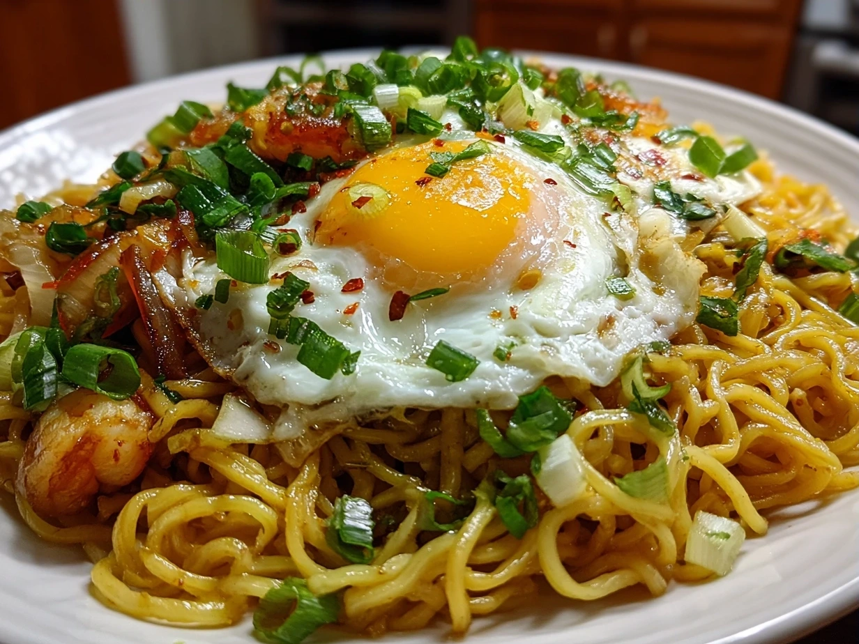 Finished Instant Noodles with Egg Butter Garlic served in a bowl