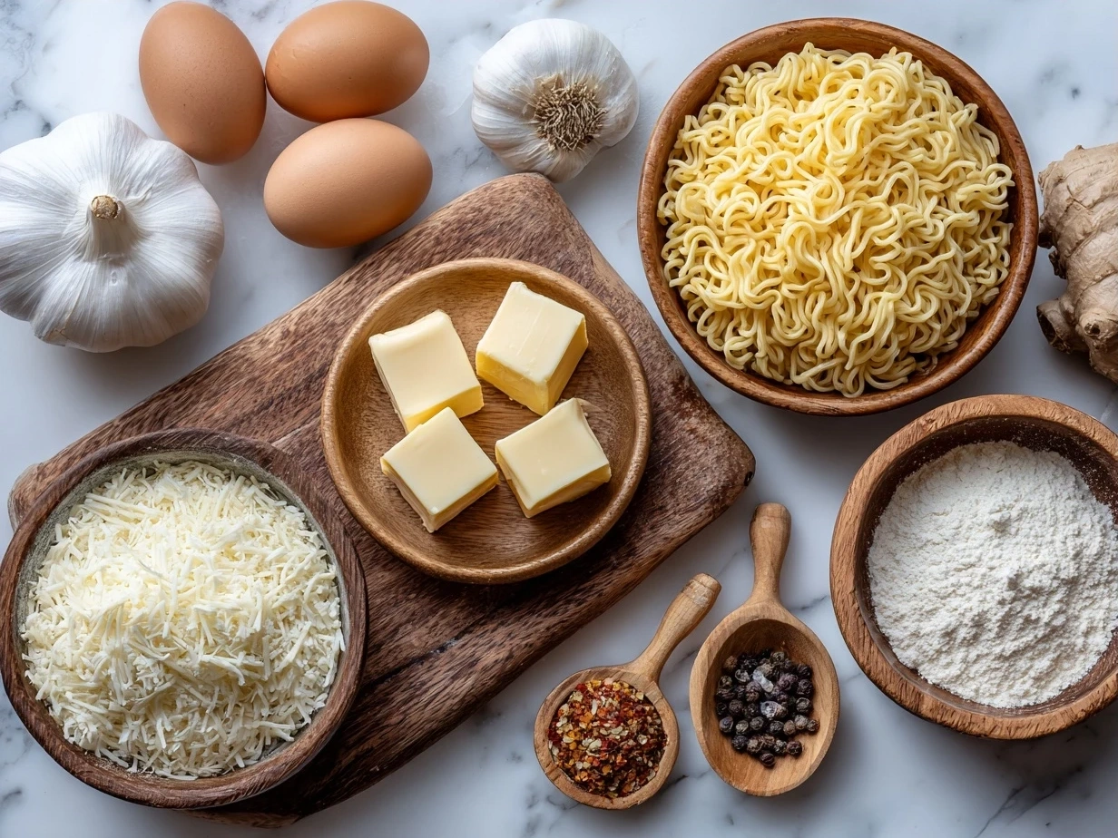 Ingredients for Instant Noodles with Egg Butter Garlic: noodles, egg, butter, garlic, water, scallions