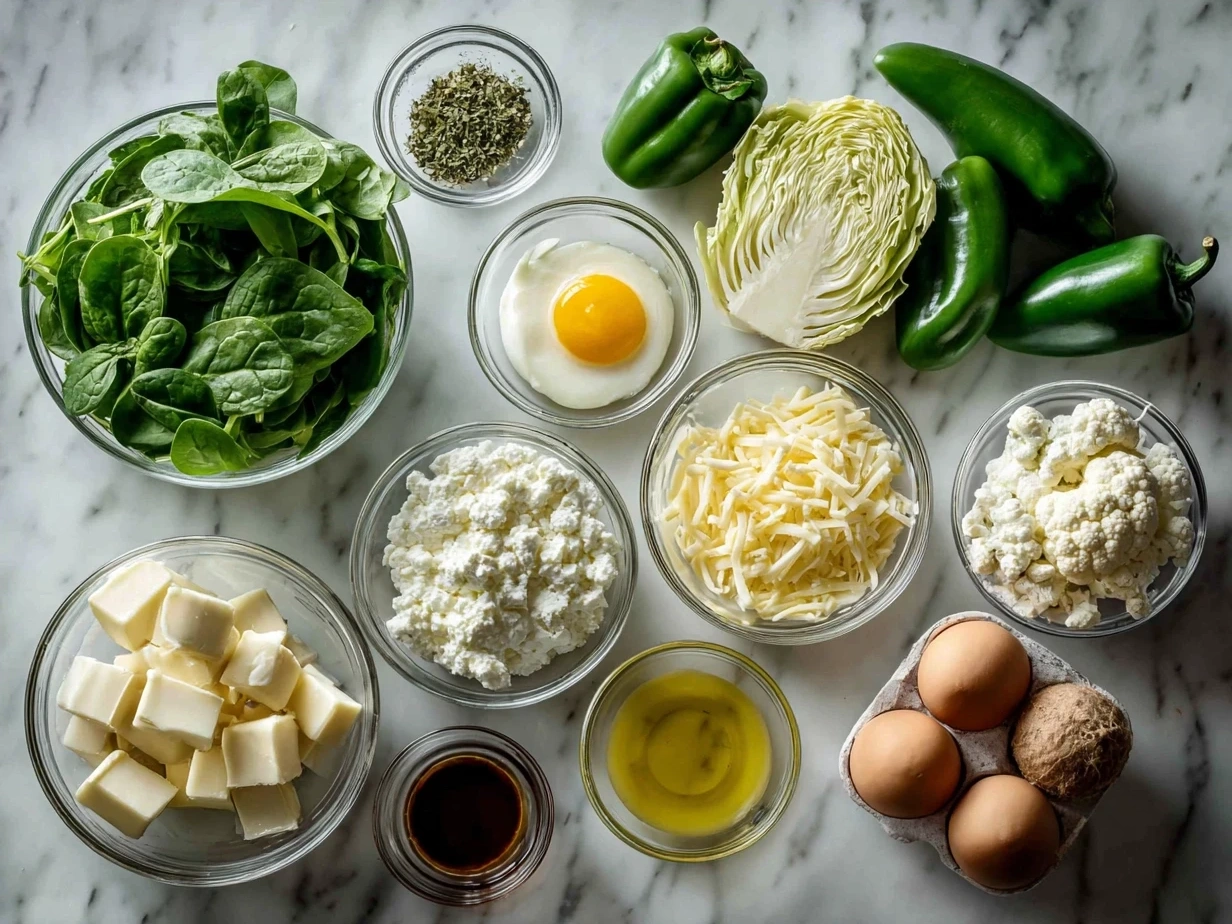 Ingredients for Jalapeño Spinach Artichoke Dip including artichoke hearts, spinach, cream cheese, sour cream, mayonnaise, mozzarella, Parmesan, jalapeños, garlic, and spices.