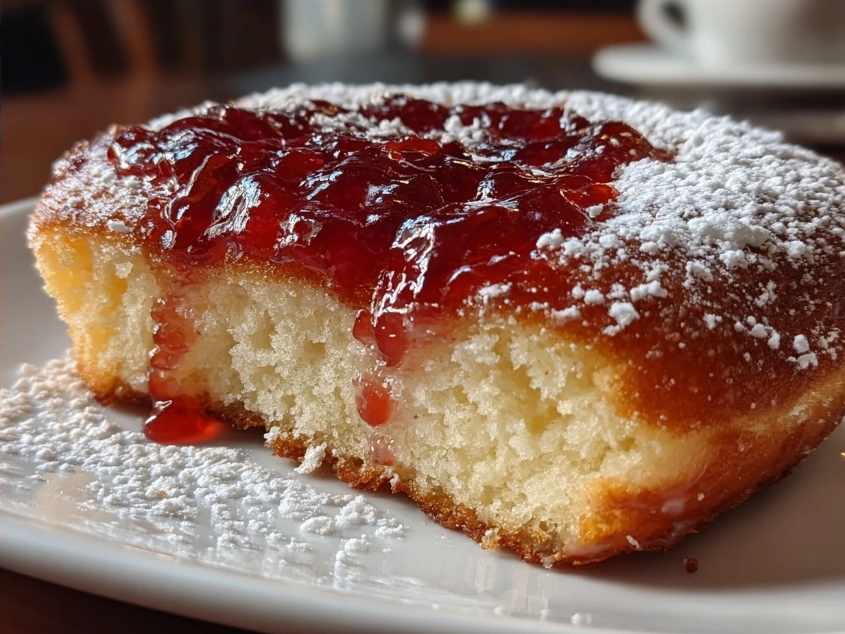 Golden baked jam donut focaccia with powdered sugar dusting