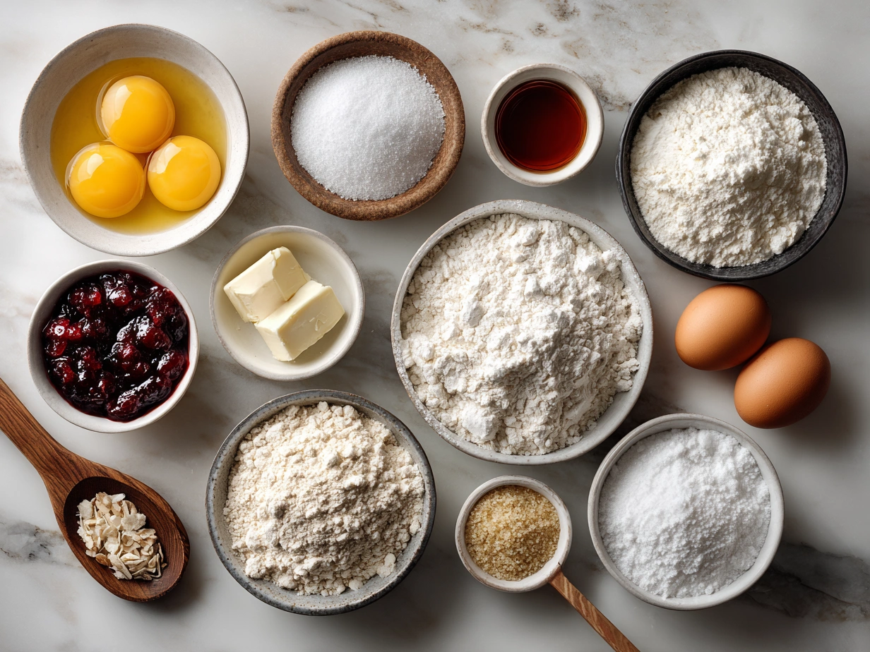Ingredients for jam donut focaccia including flour, yeast, sugar, milk, butter, egg, and jam
