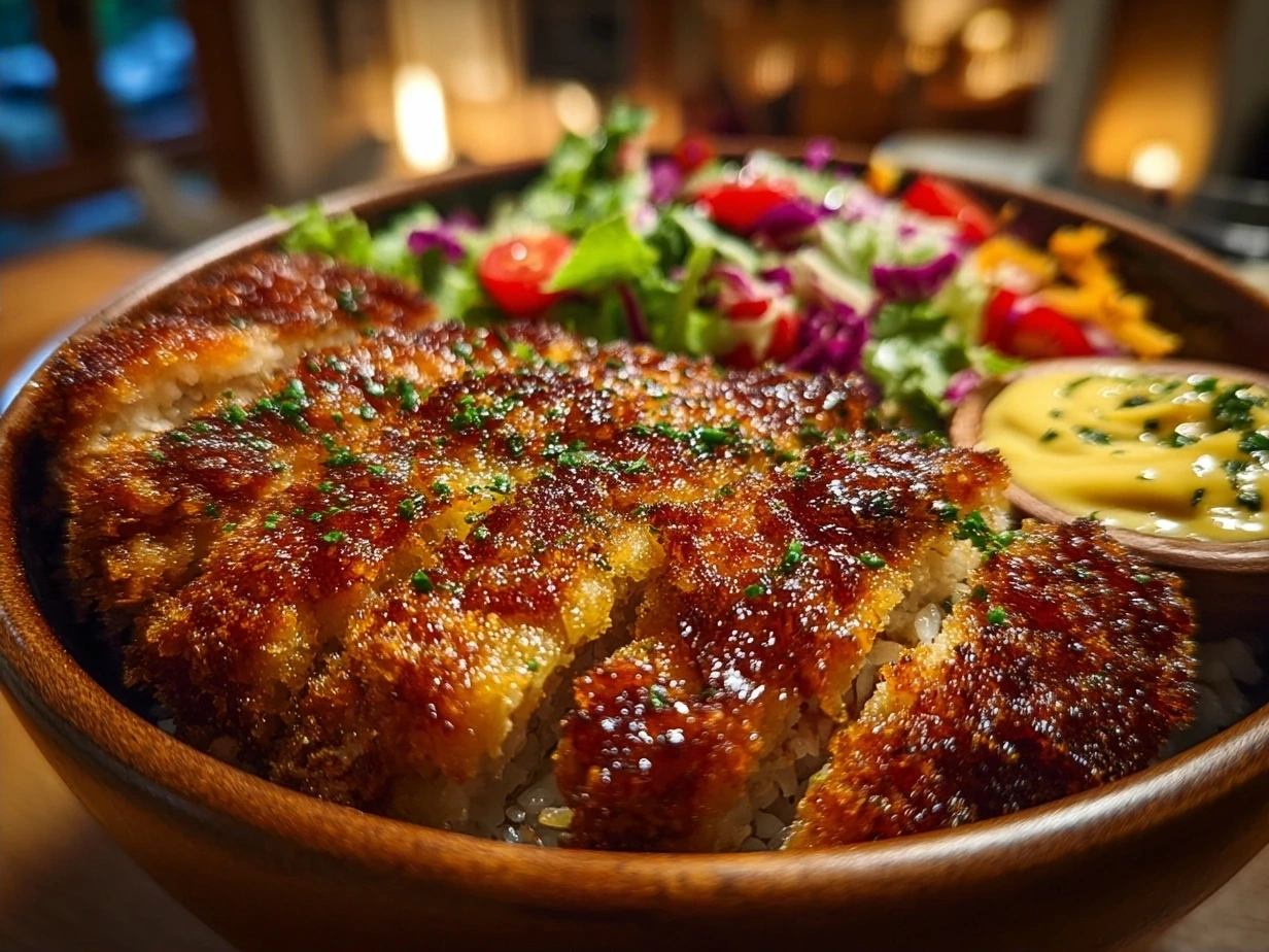 Final plated Japanese Katsu Bowls recipe with crispy breaded chicken and tonkatsu sauce