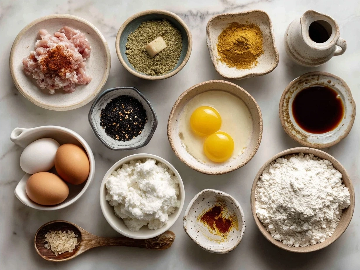 Ingredients for Japanese Katsu Bowls recipe including chicken, panko, flour, eggs, rice, and tonkatsu sauce