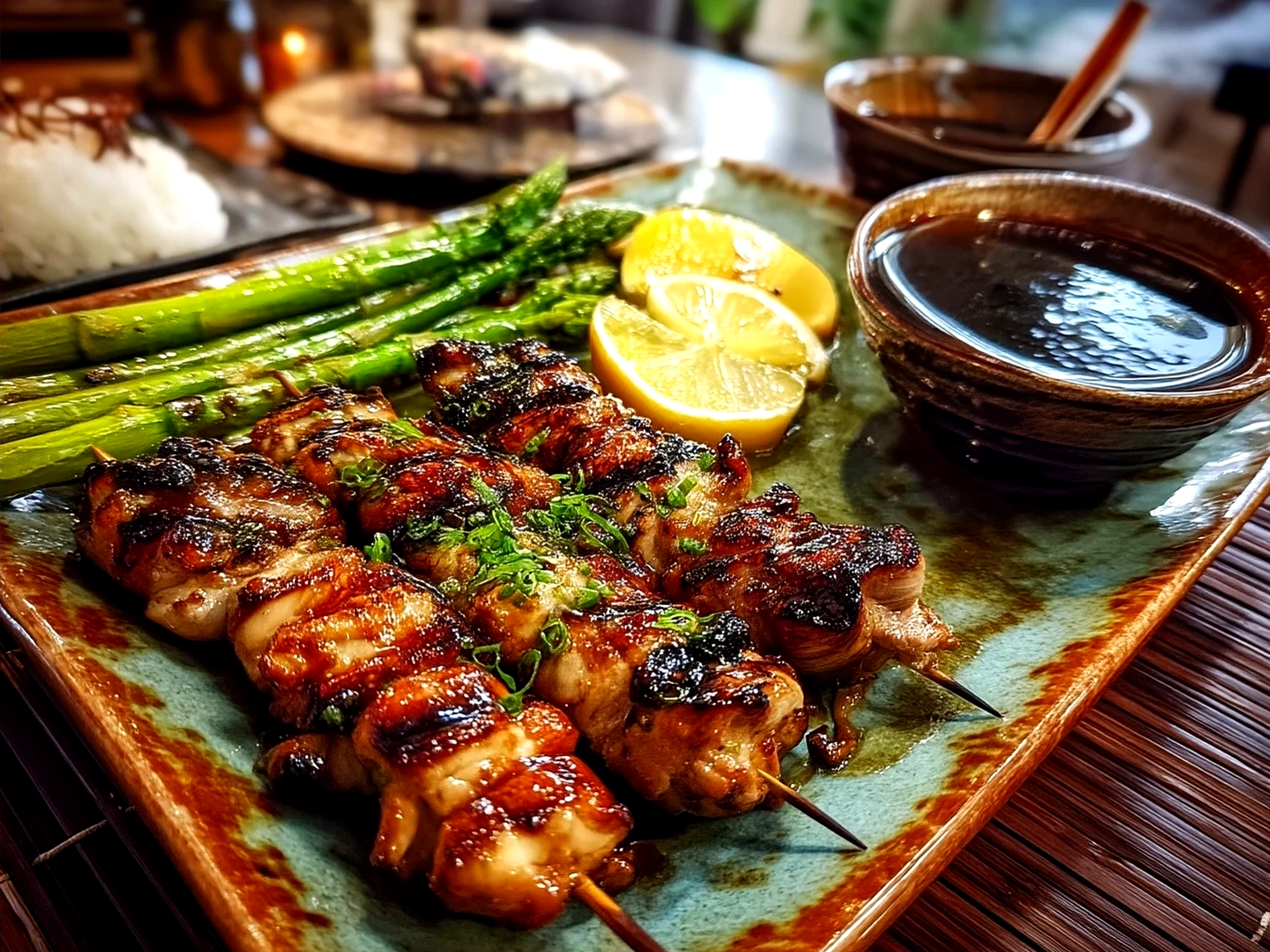 Serving Japanese Yakitori Grilled Chicken on rustic wooden board