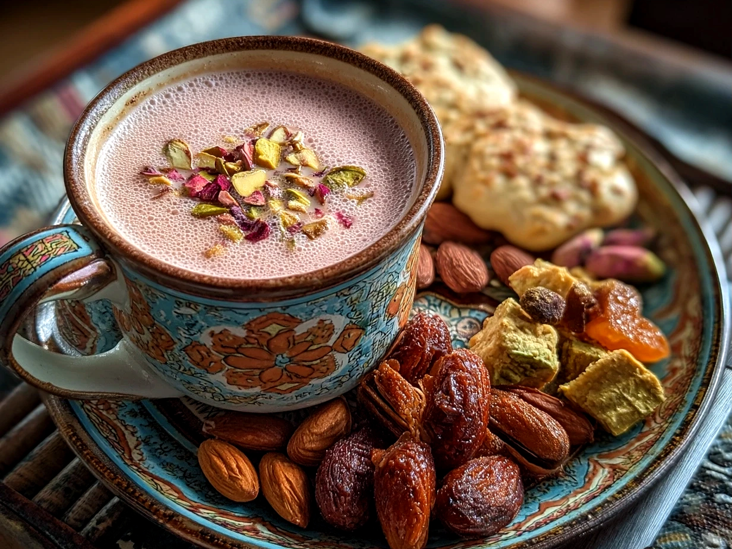 Served Kashmiri Pink Chai in clear glasses garnished with crushed pistachios