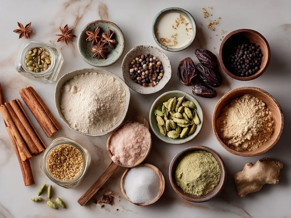 Ingredients for making Kashmiri Pink Chai including green tea leaves, baking soda, cardamom, milk, almonds and pistachios