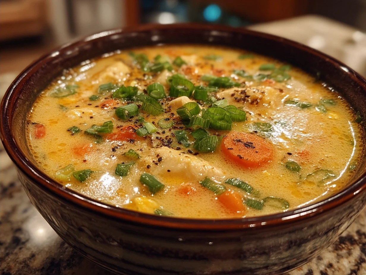 Final creamy Knoephla Soup served with fresh parsley garnish