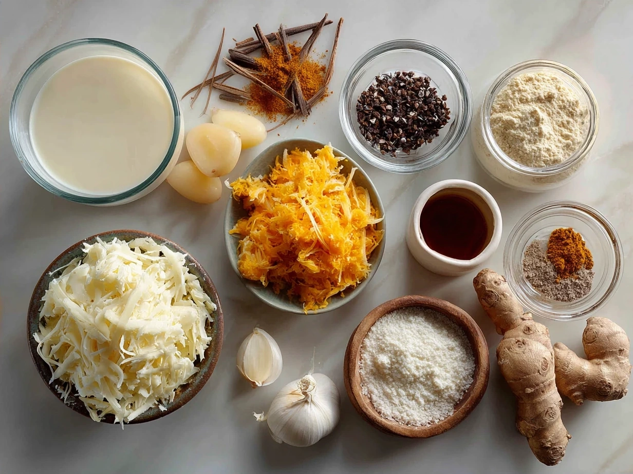 Ingredients for creamy Knoephla Soup including flour, eggs, milk, chicken broth, chicken, onion, garlic, potatoes, butter, and fresh parsley