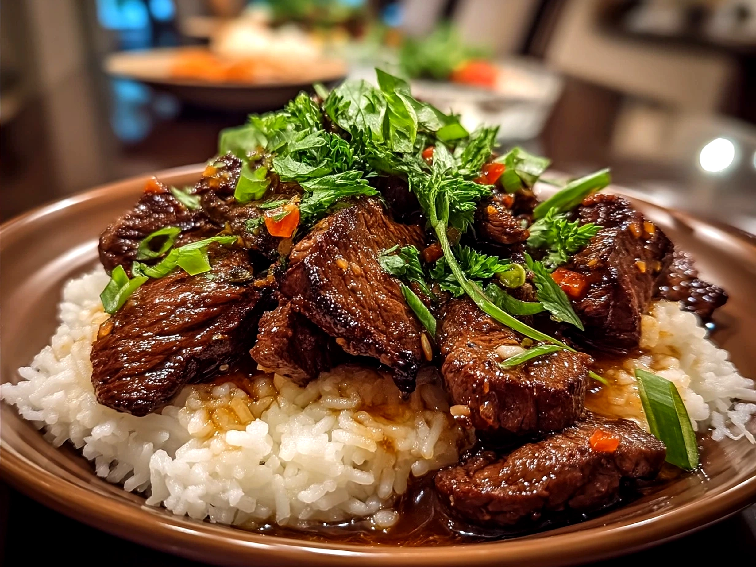 Plated Korean BBQ Beef served with green onions and rice, ready to enjoy