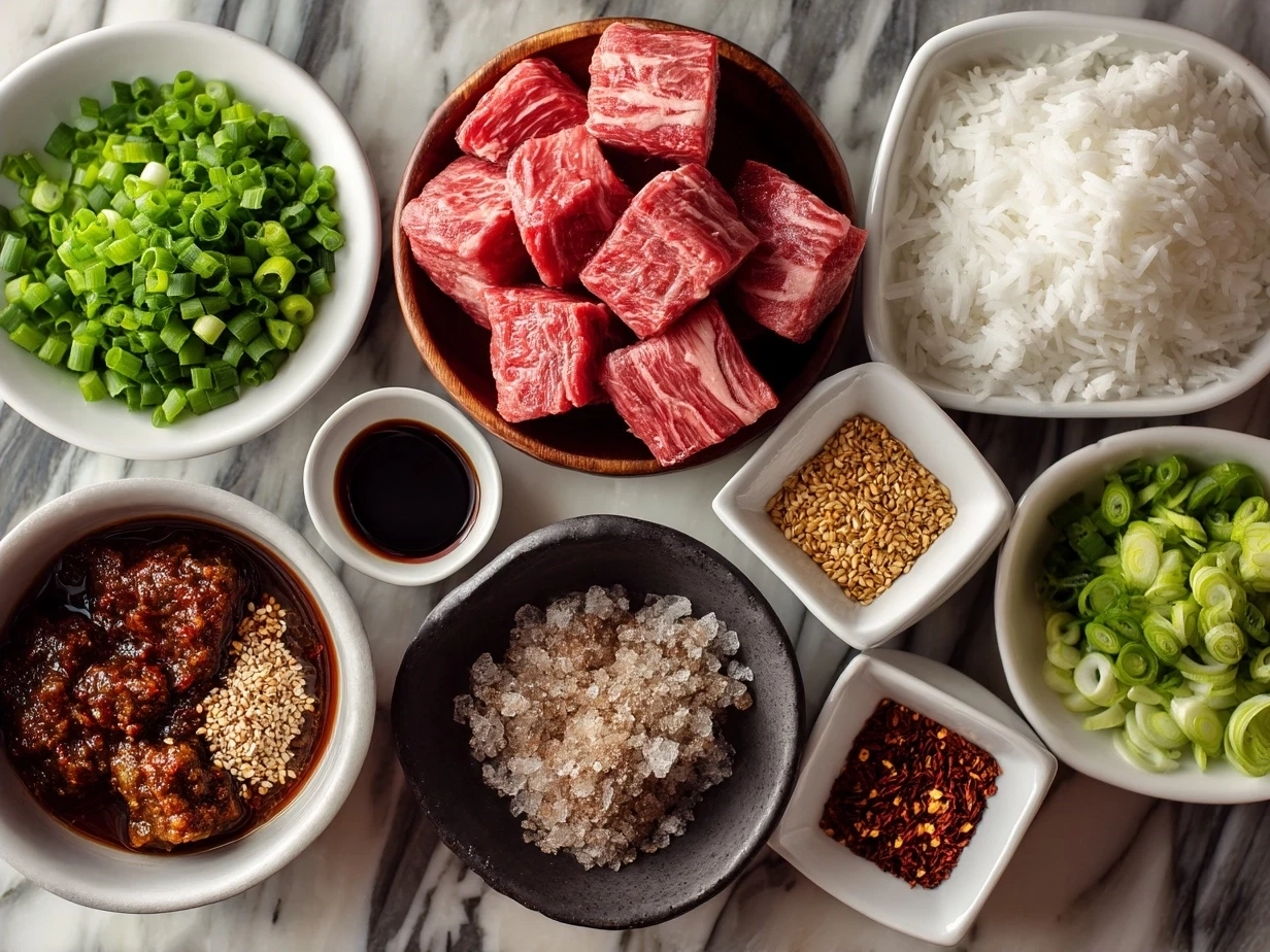 Ingredients for Korean BBQ Beef including beef ribeye, soy sauce, brown sugar, sesame oil, garlic, pear, rice vinegar, black pepper, and green onions