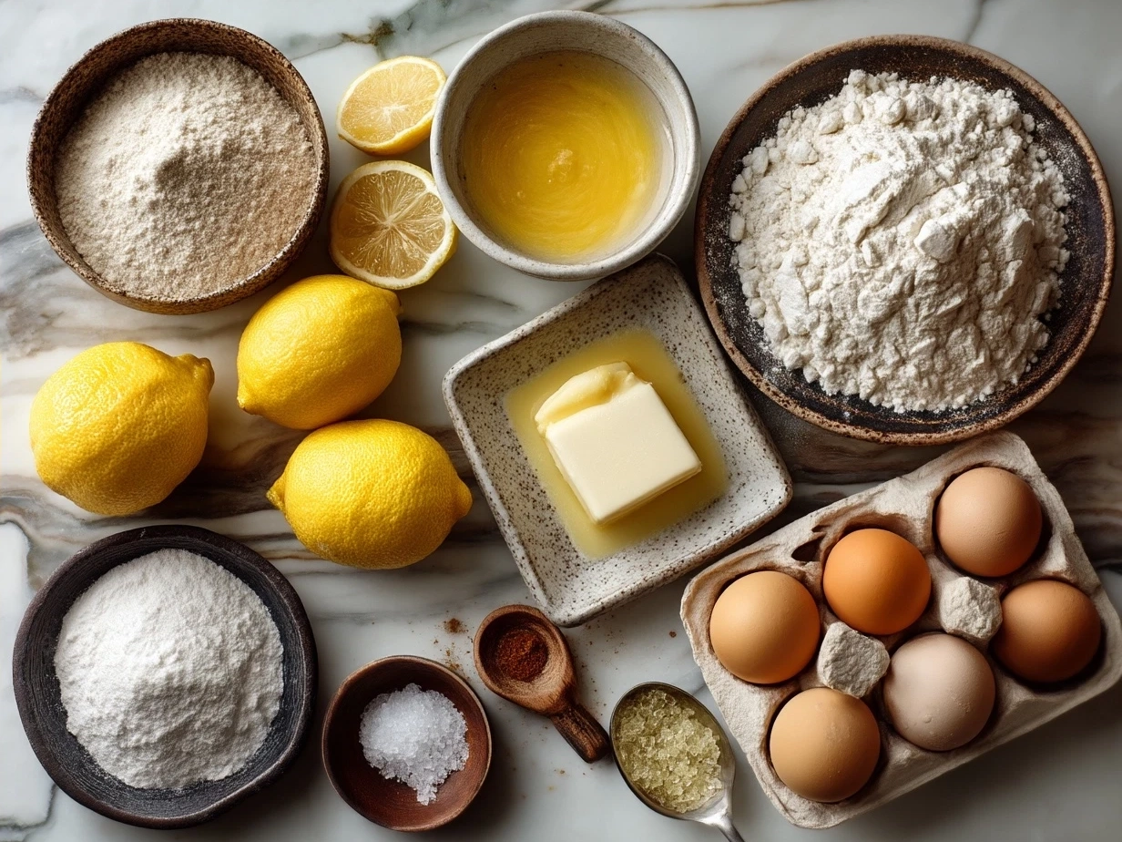 Ingredients for Lemon Custard Cake laid out on a table