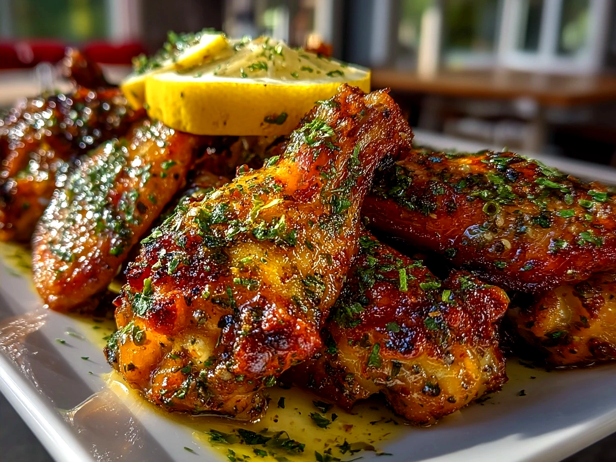 A serving of crispy lemon pepper wings garnished with lemon zest and cracked pepper