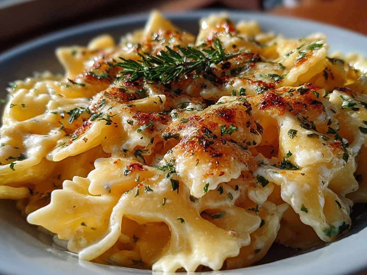 Creamy lemon ricotta pasta garnished with fresh herbs and lemon slices