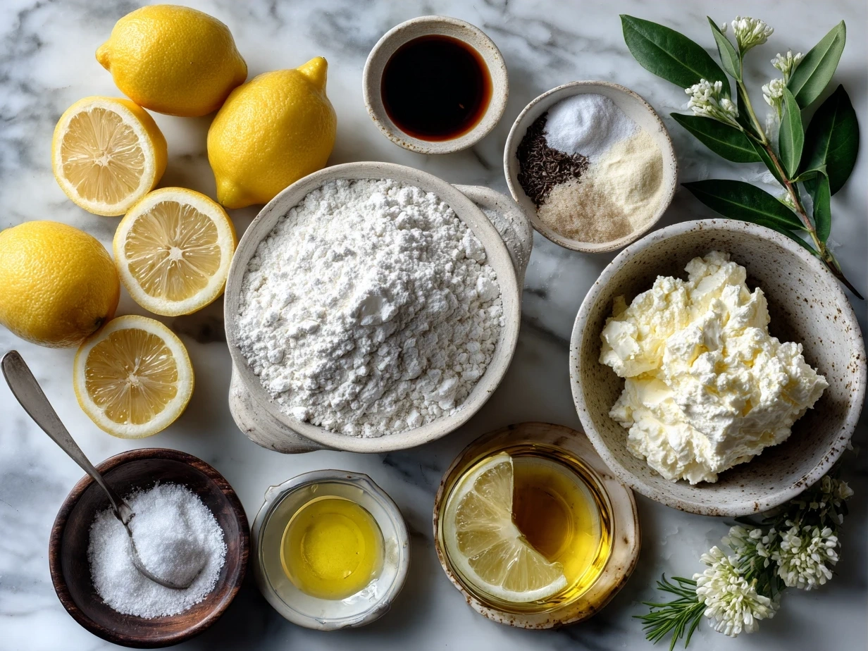 Ingredients for lemon ricotta pasta including pasta, lemons, ricotta cheese, olive oil, garlic, Parmesan, and fresh herbs