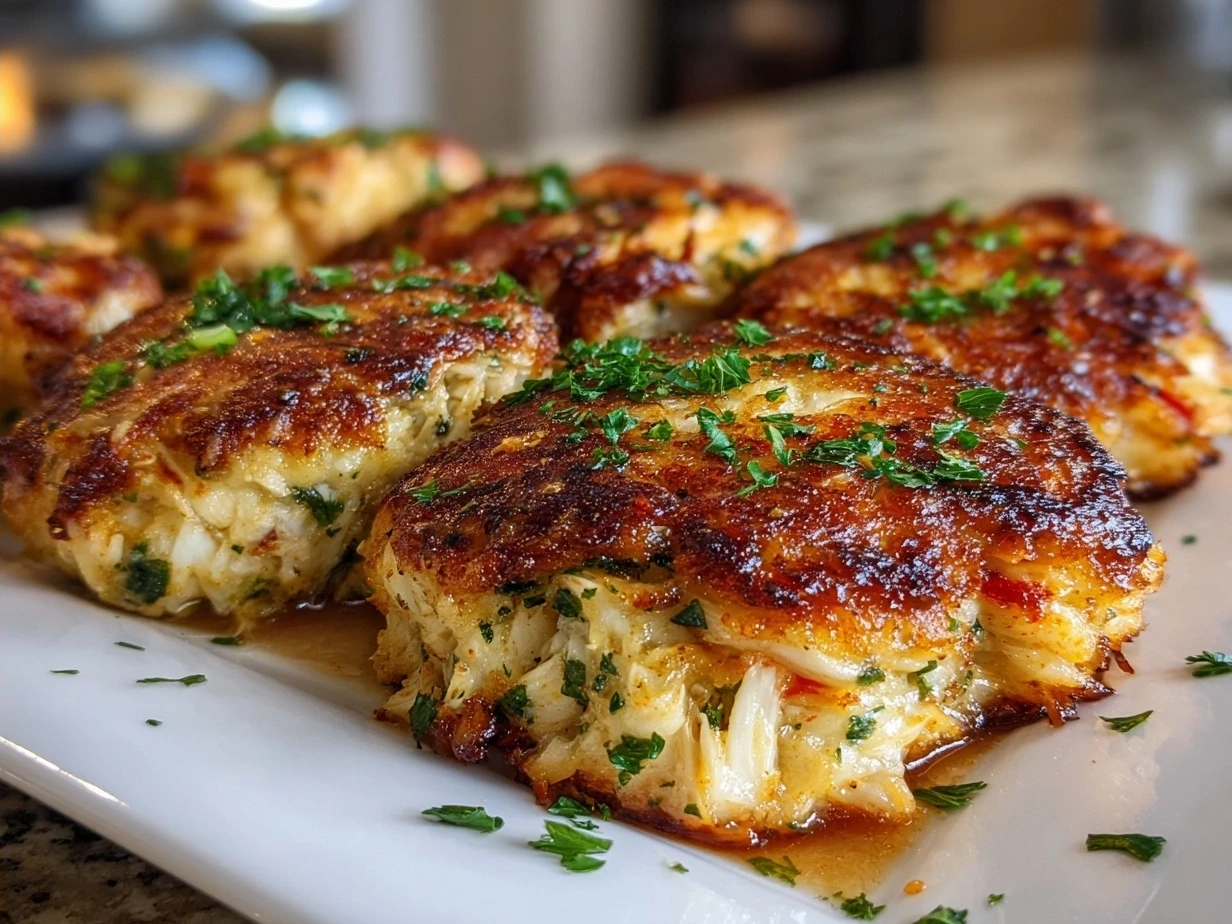 Final served Maryland Crab Cakes with lemon and parsley garnish