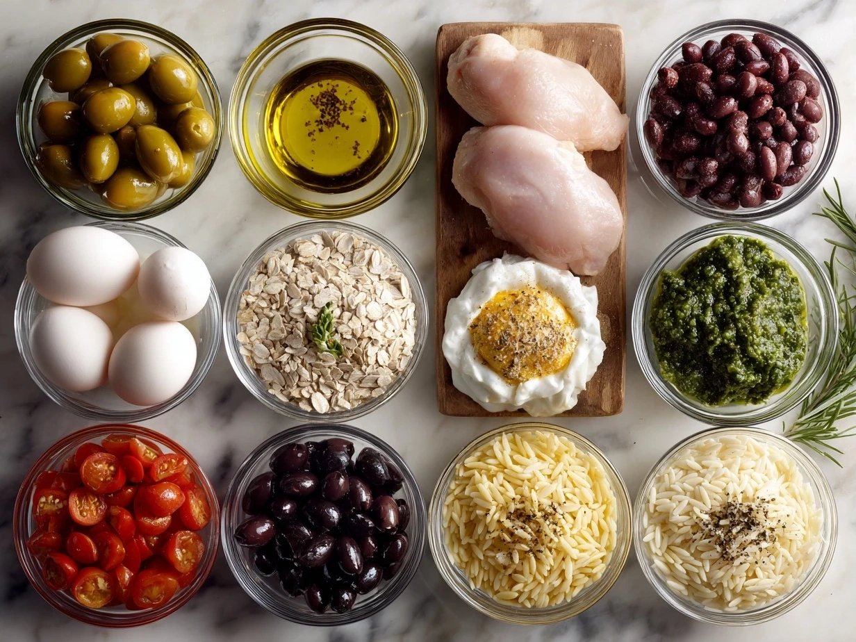 Fresh ingredients for Mediterranean Chicken and Orzo including chicken thighs, orzo, lemon, garlic, cherry tomatoes, Kalamata olives, red bell pepper, chicken broth, spices, feta cheese, and olive oil