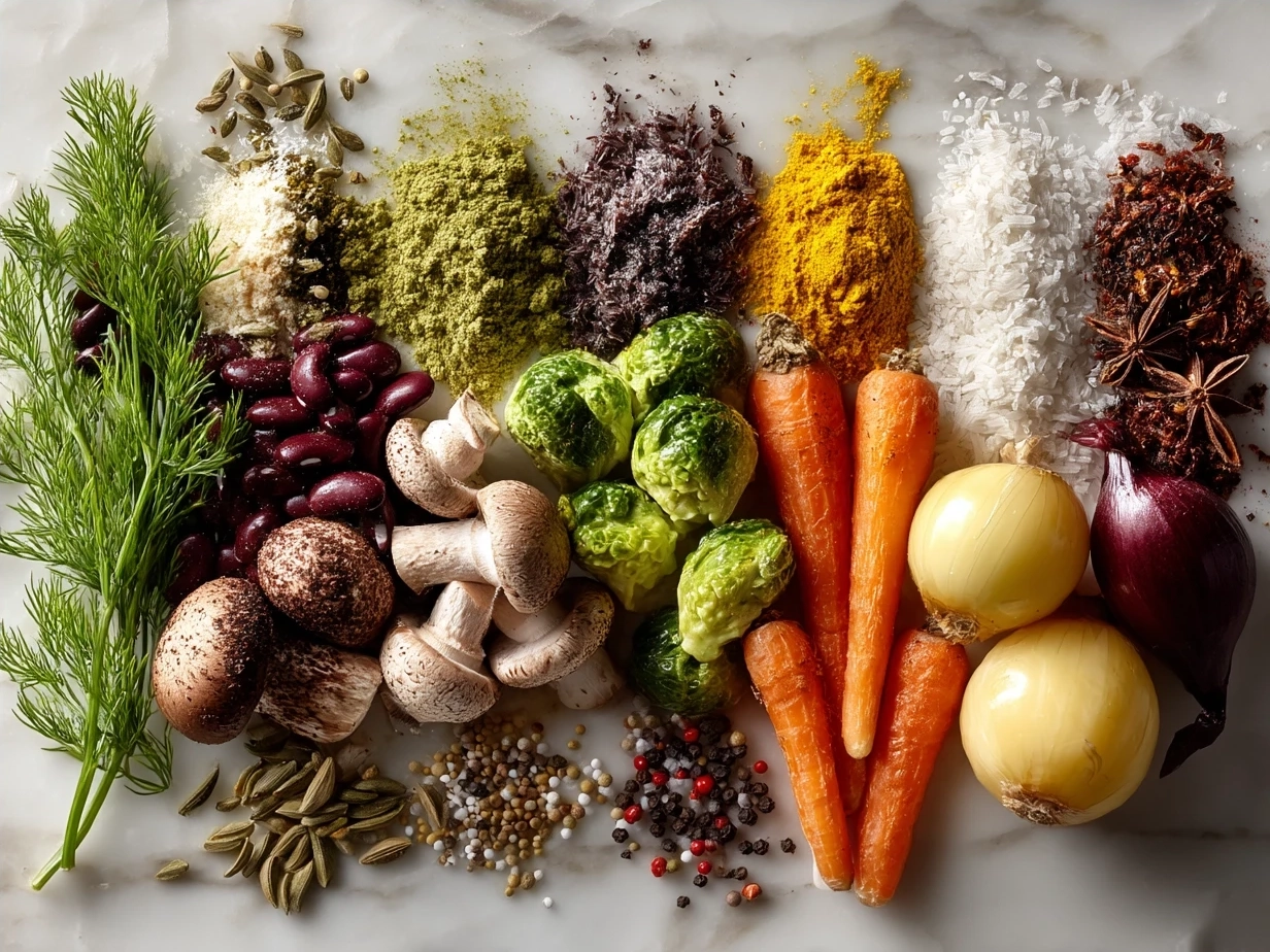 Ingredients for hearty Minestrone Soup laid out on a kitchen counter