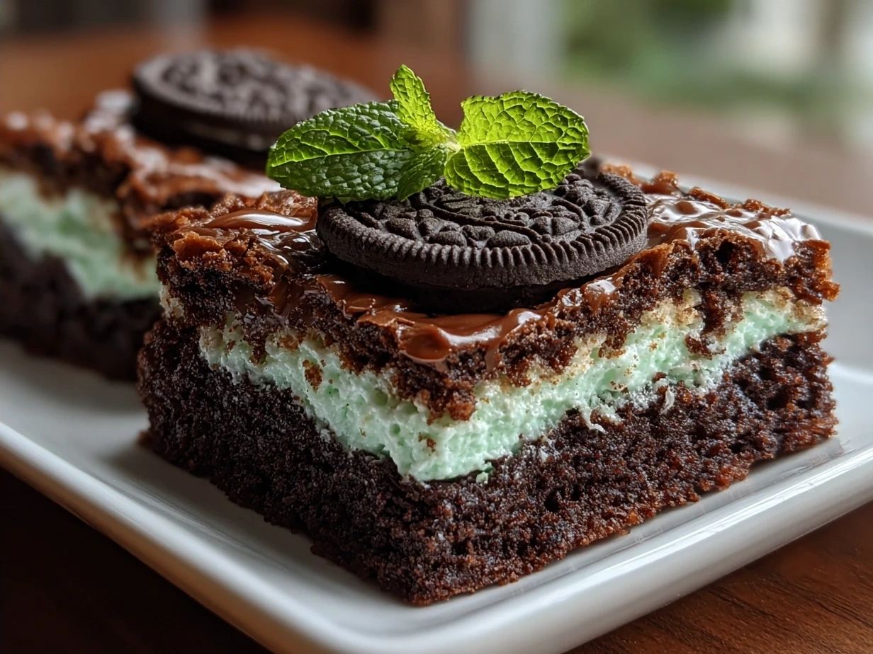 Delicious finished Mint Oreo Brownies ready to serve with layers of chocolate and mint