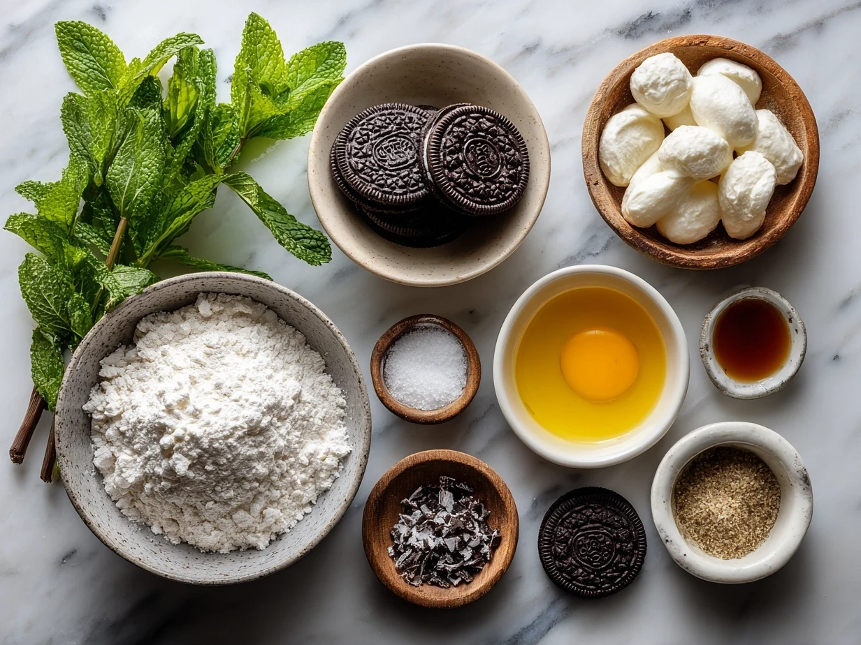 Ingredients for Mint Oreo Brownies including butter, sugar, eggs, flour, cocoa powder, salt, vanilla, peppermint extract, and Mint Oreos