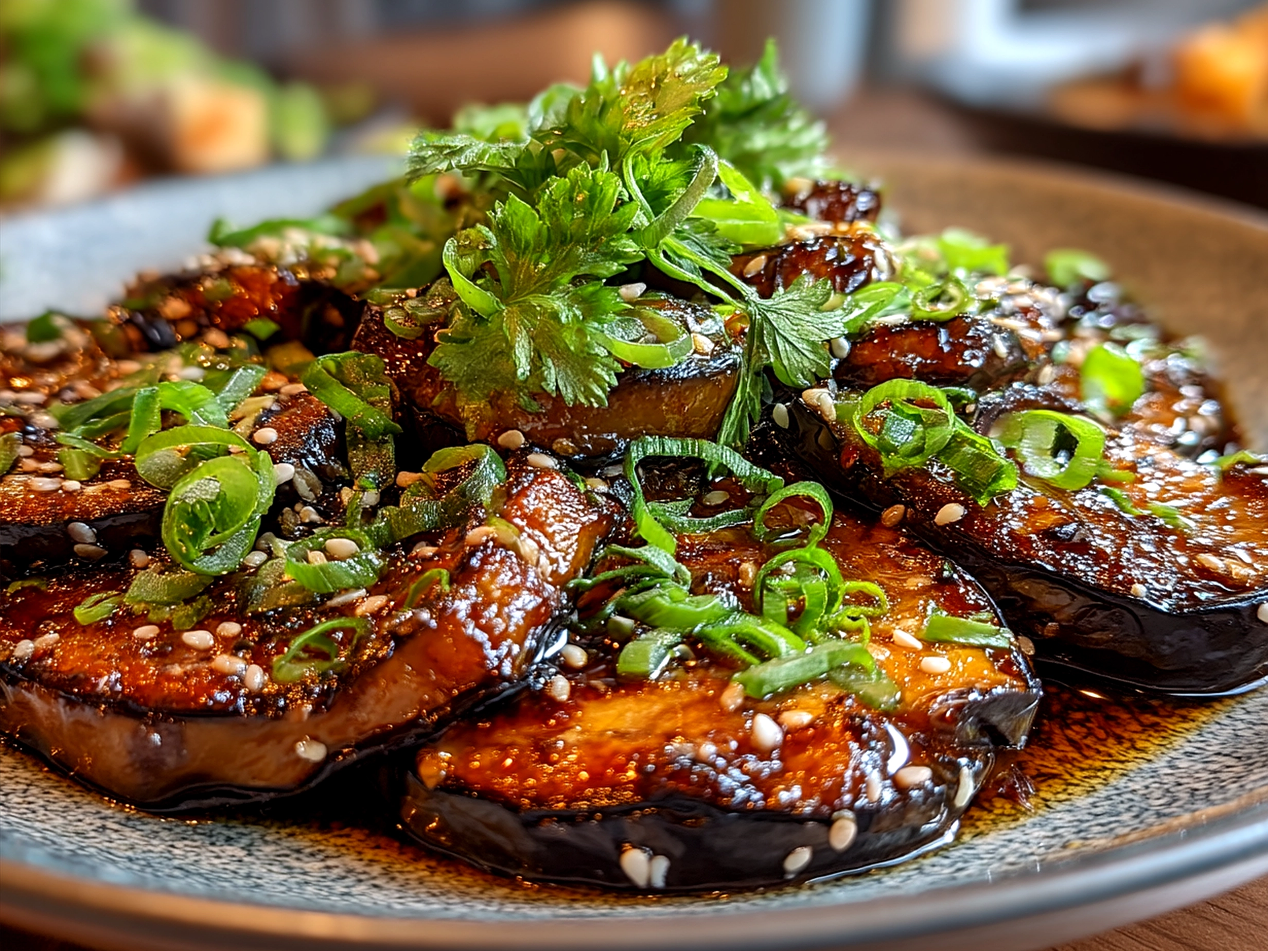 Served Miso Glazed Eggplant garnished with scallions and sesame seeds