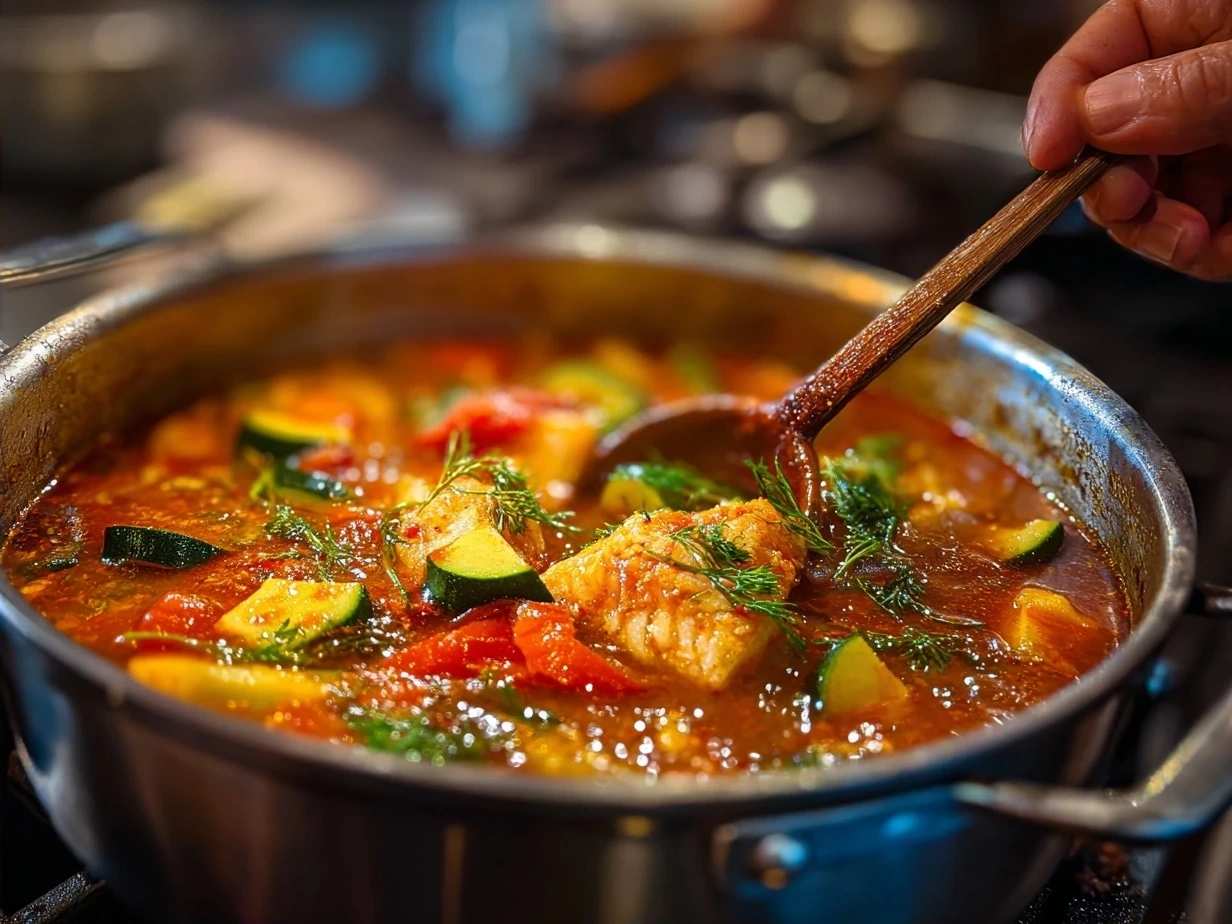 Served Moqueca Fish Stew garnished with fresh cilantro and lime wedges in shallow bowls