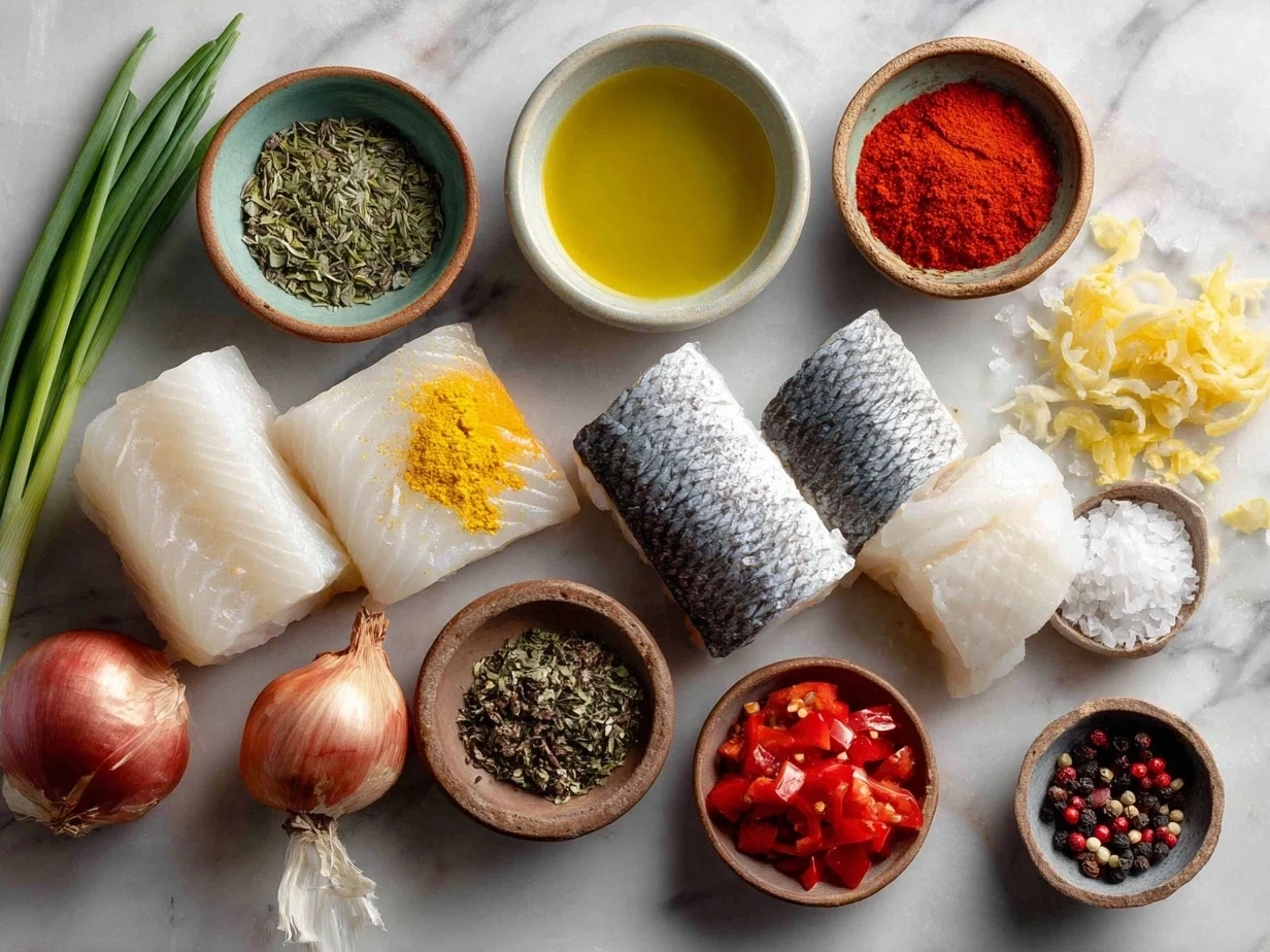 Ingredients for Moqueca Fish Stew including fish, bell pepper, onion, coconut milk, and spices
