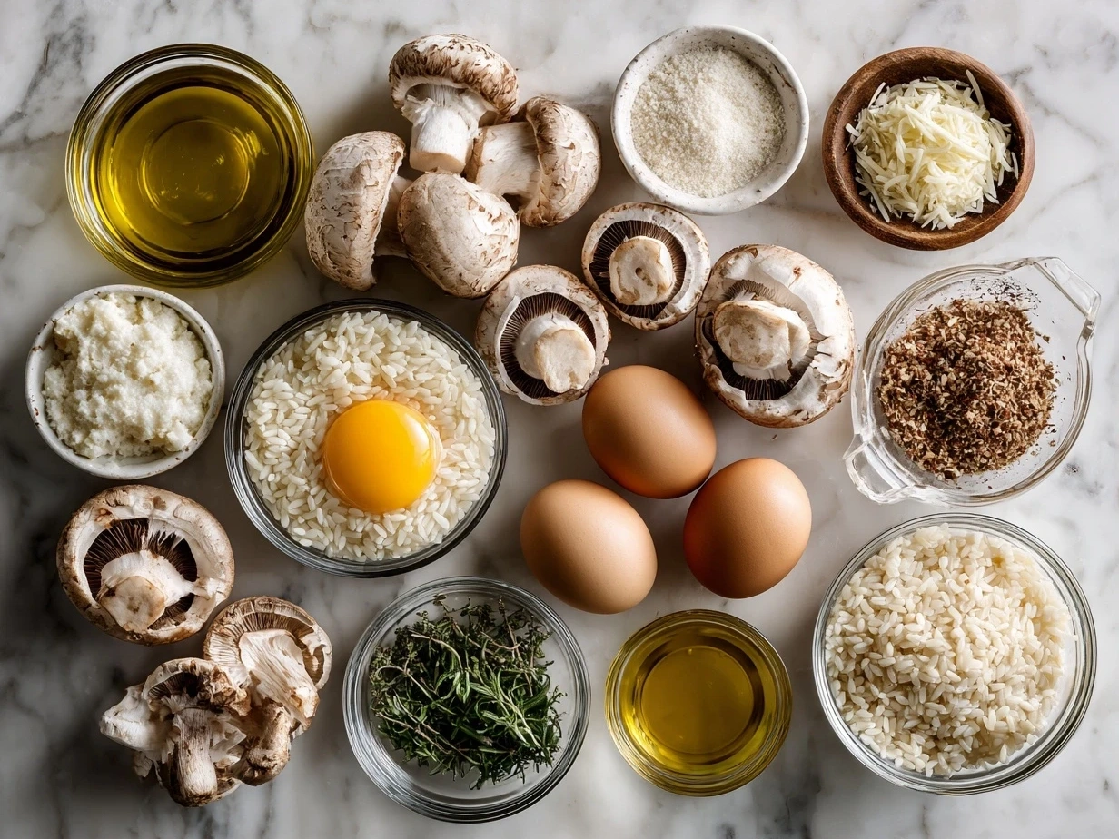 Ingredients for mushroom risotto recipe laid out on a wooden surface.