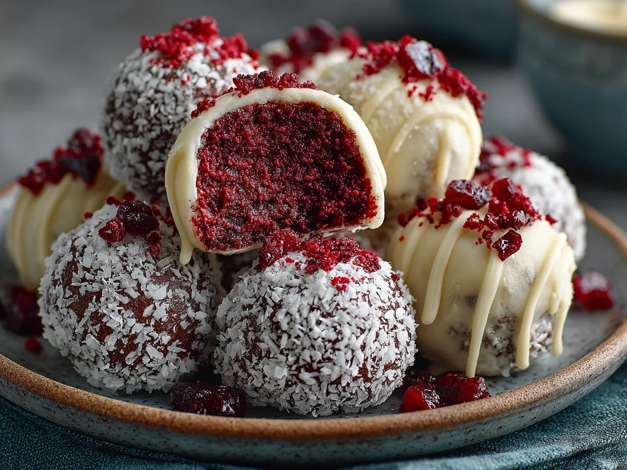 Final presentation of No-Bake Red Velvet Snowball Truffles on a festive plate