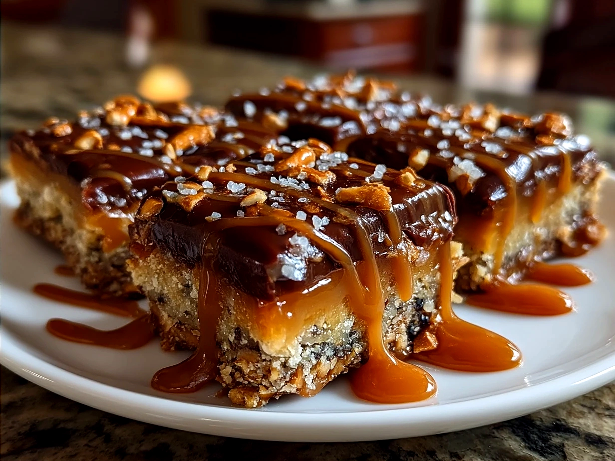 Finished No Bake Salted Caramel Pretzel Bars cut into squares and served on a board