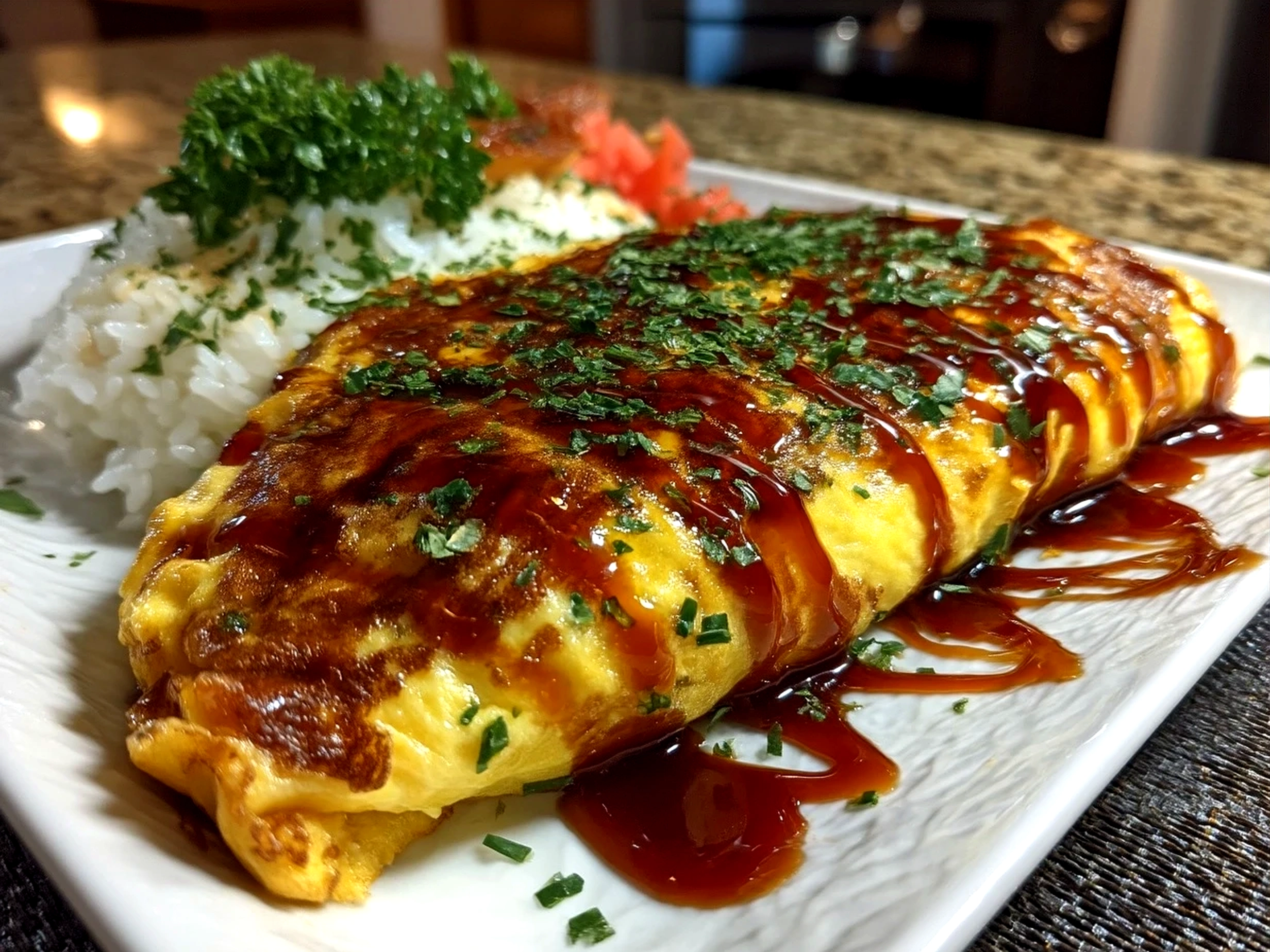 Beautifully presented Omurice Japanese Rice Omelet with ketchup drizzle