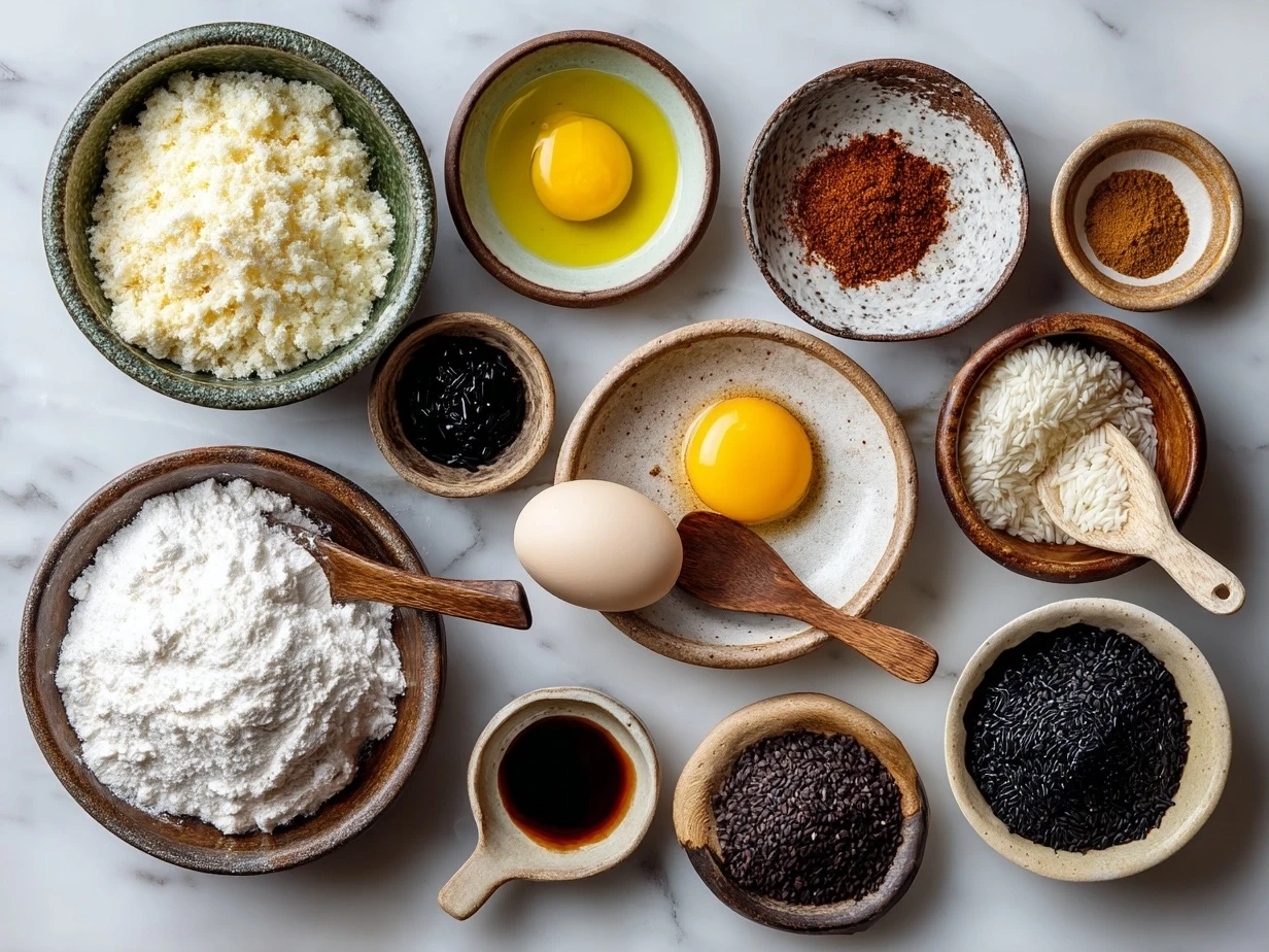 Ingredients for Omurice Japanese Rice Omelet including eggs, rice, chicken, vegetables, ketchup