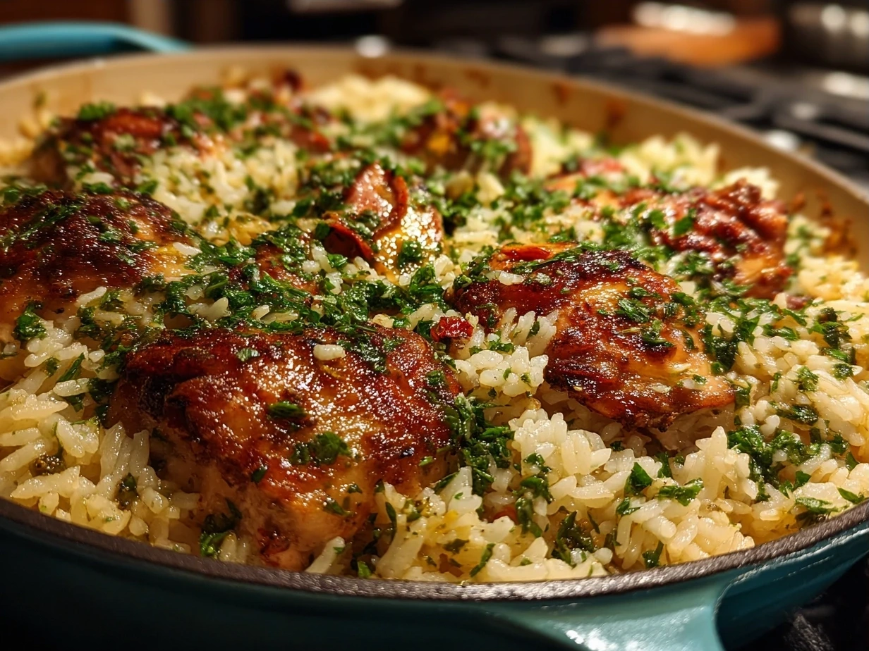 Final plated One-Pot Chicken and Rice with Olive Gremolata