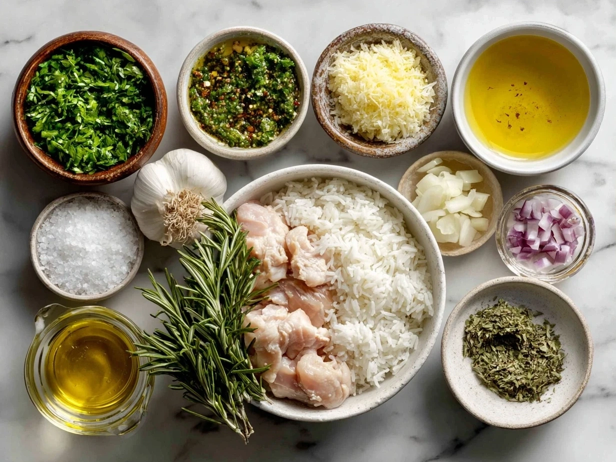 Ingredients for One-Pot Chicken and Rice with Olive Gremolata displayed on a kitchen counter