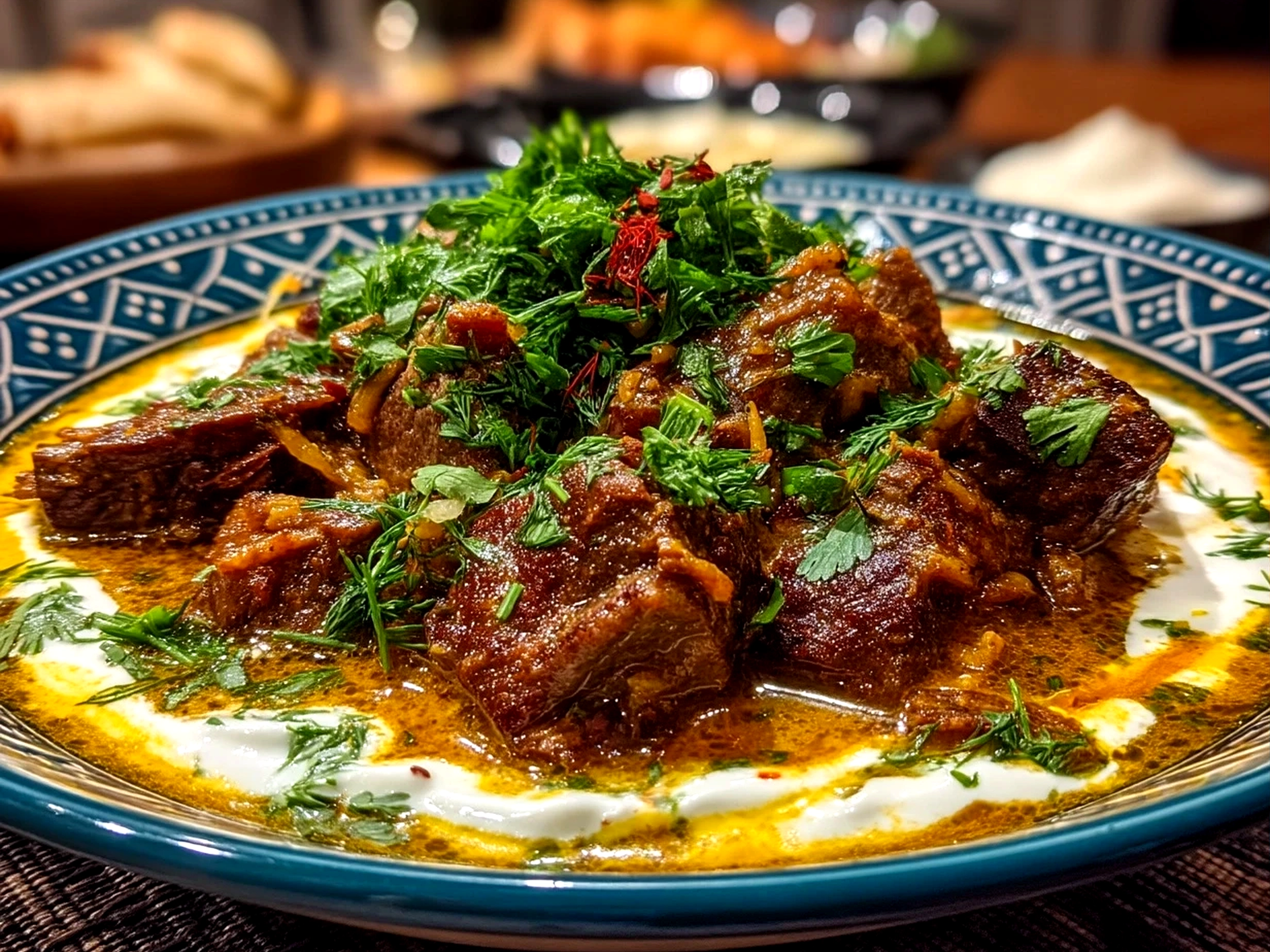 Final presentation of One-Pot Lamb Kalya with Yogurt and Cream served with sides