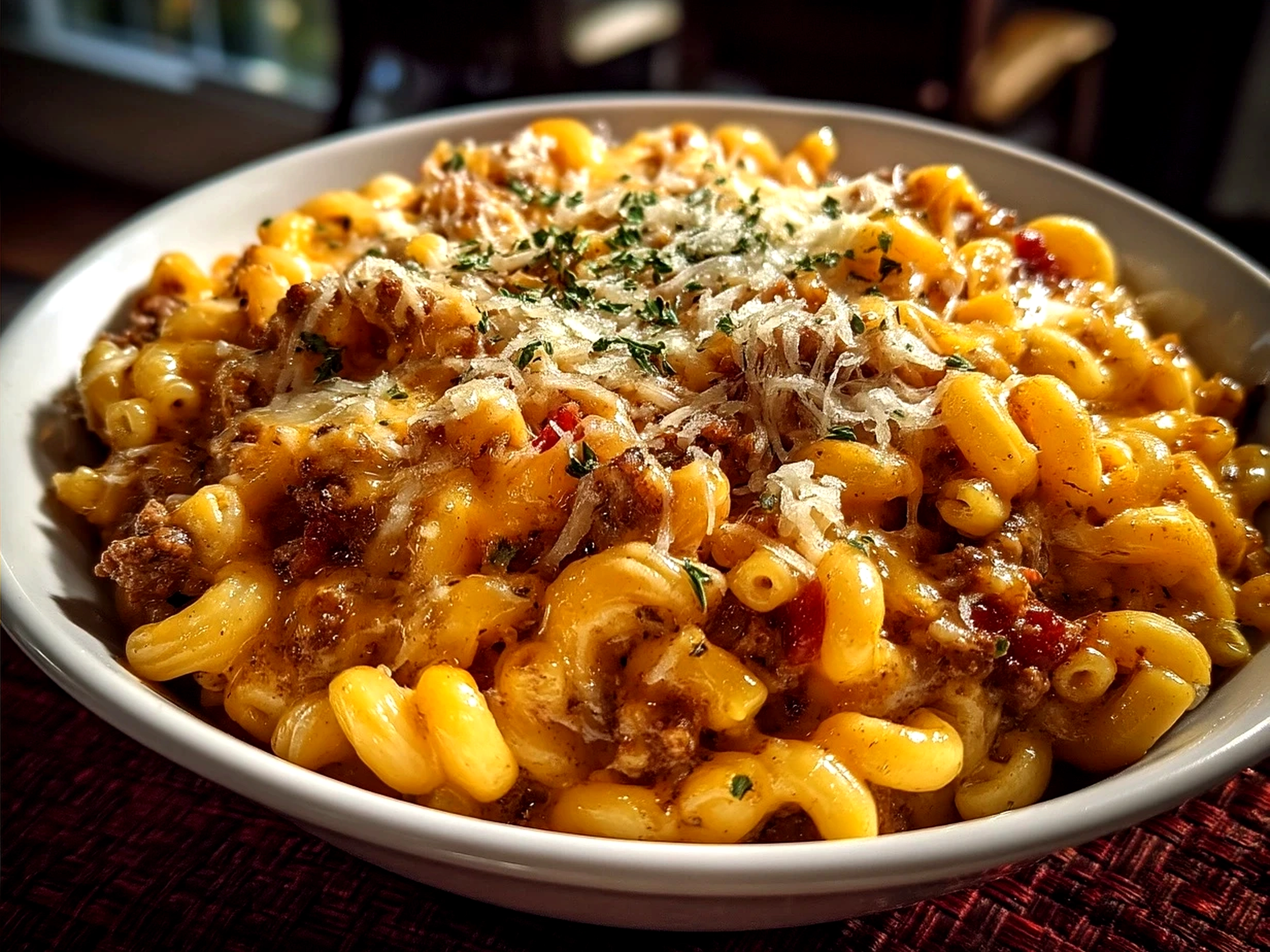 Served One Pot Chili Mac and Cheese in a deep bowl with garnishes