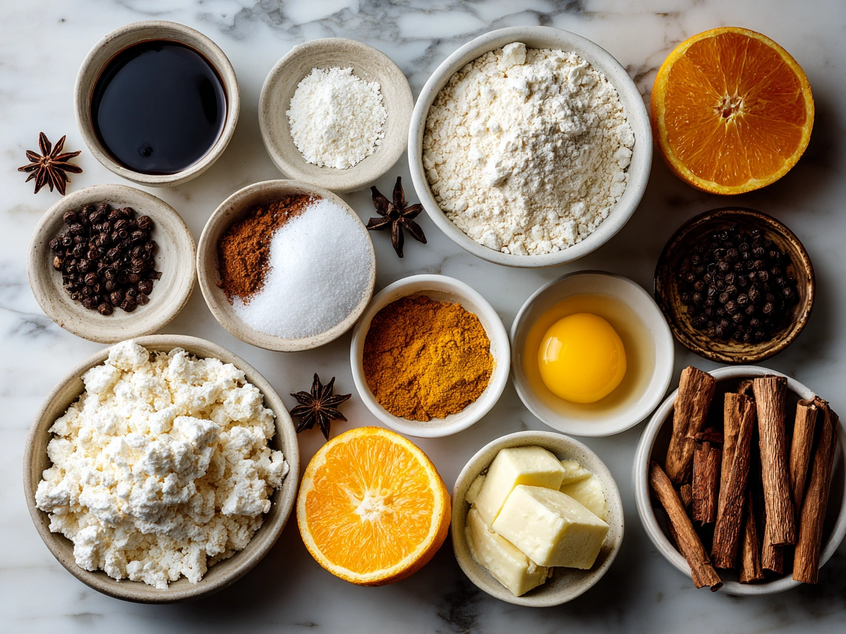 Ingredients for Orange Clove Cookies including flour, spices, butter, and orange zest