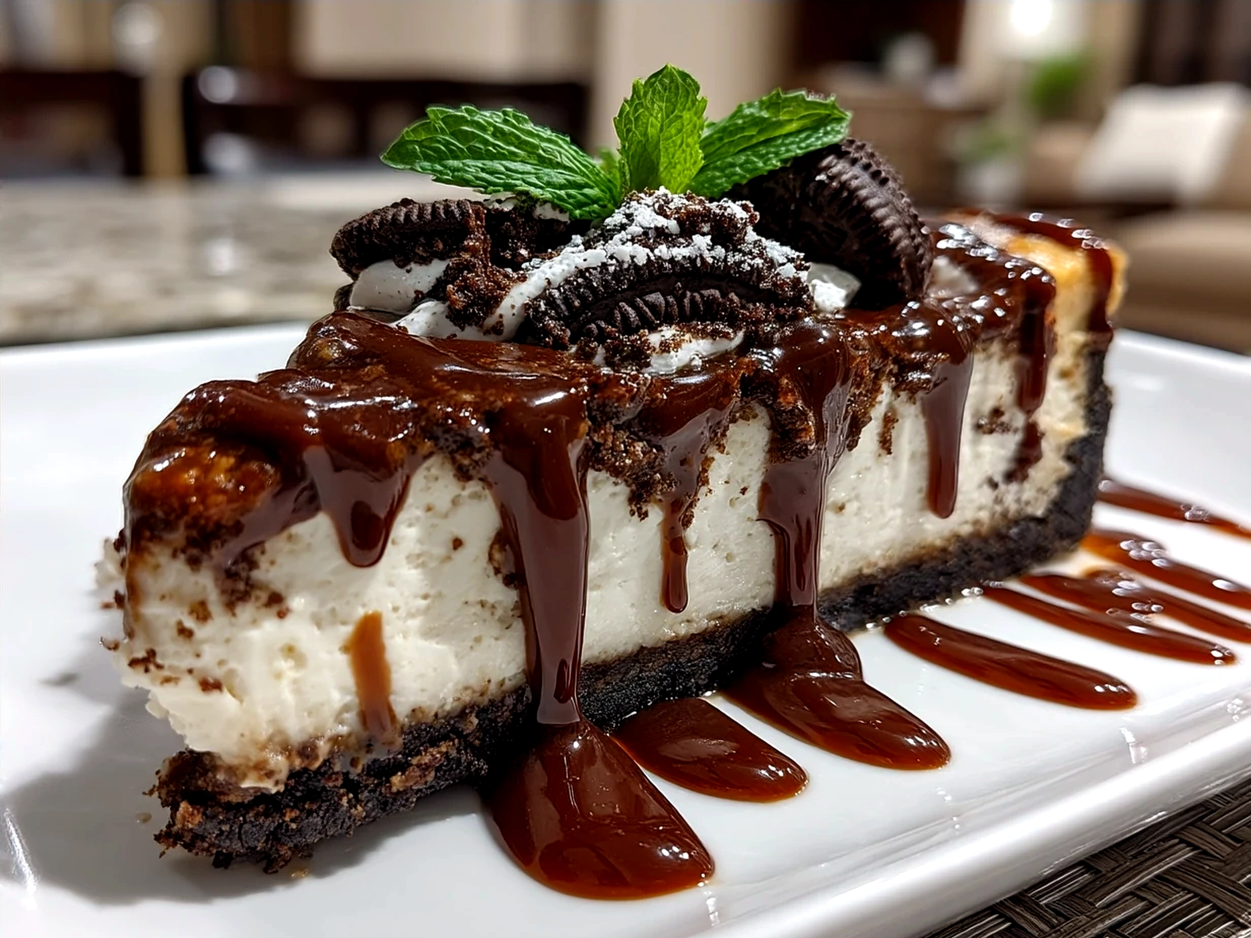 Served Oreo Cheesecake slice with rich cream cheese filling and Oreo crust