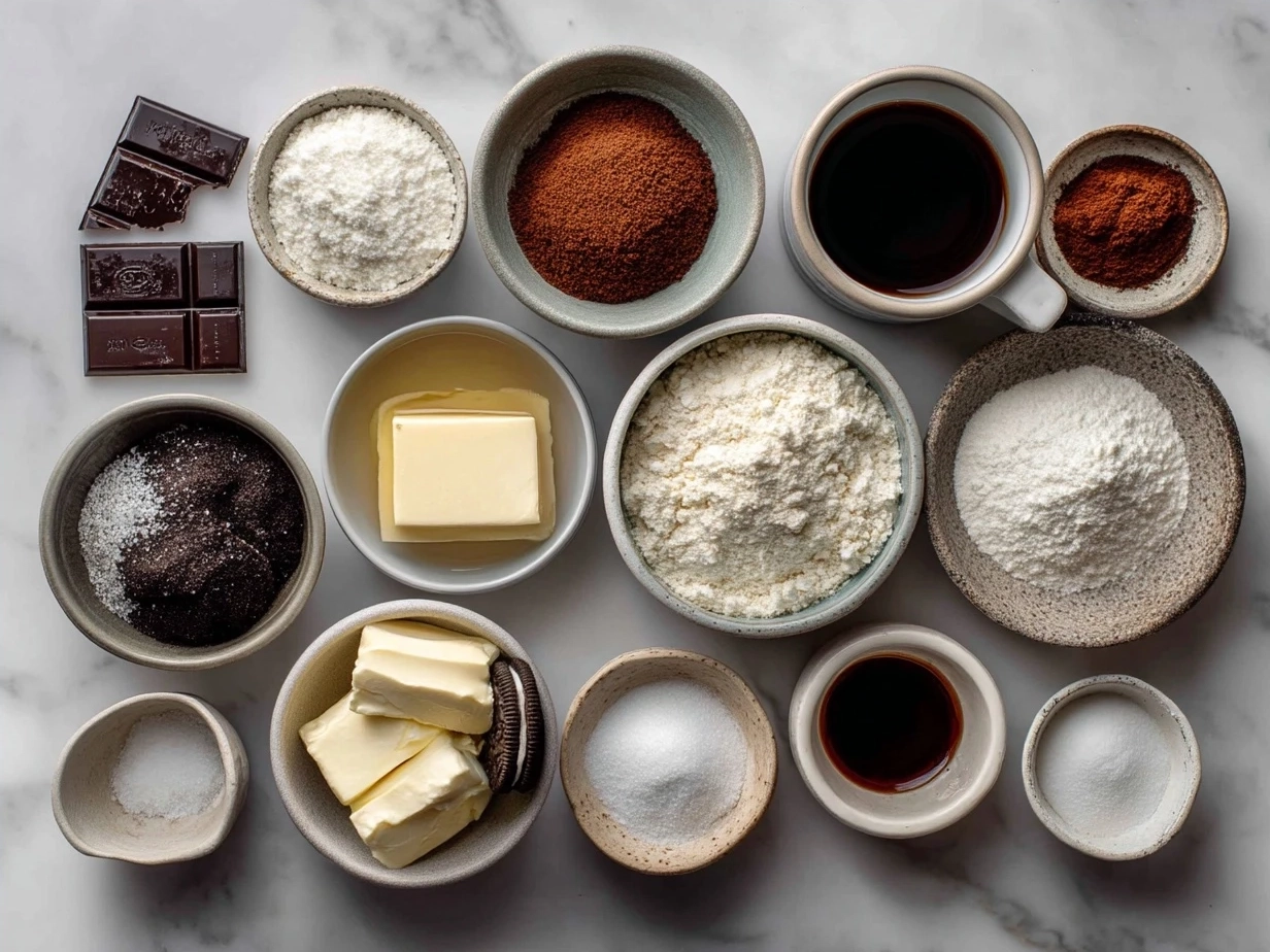 Ingredients for Oreo Cheesecake including Oreos, cream cheese, butter, powdered sugar and vanilla