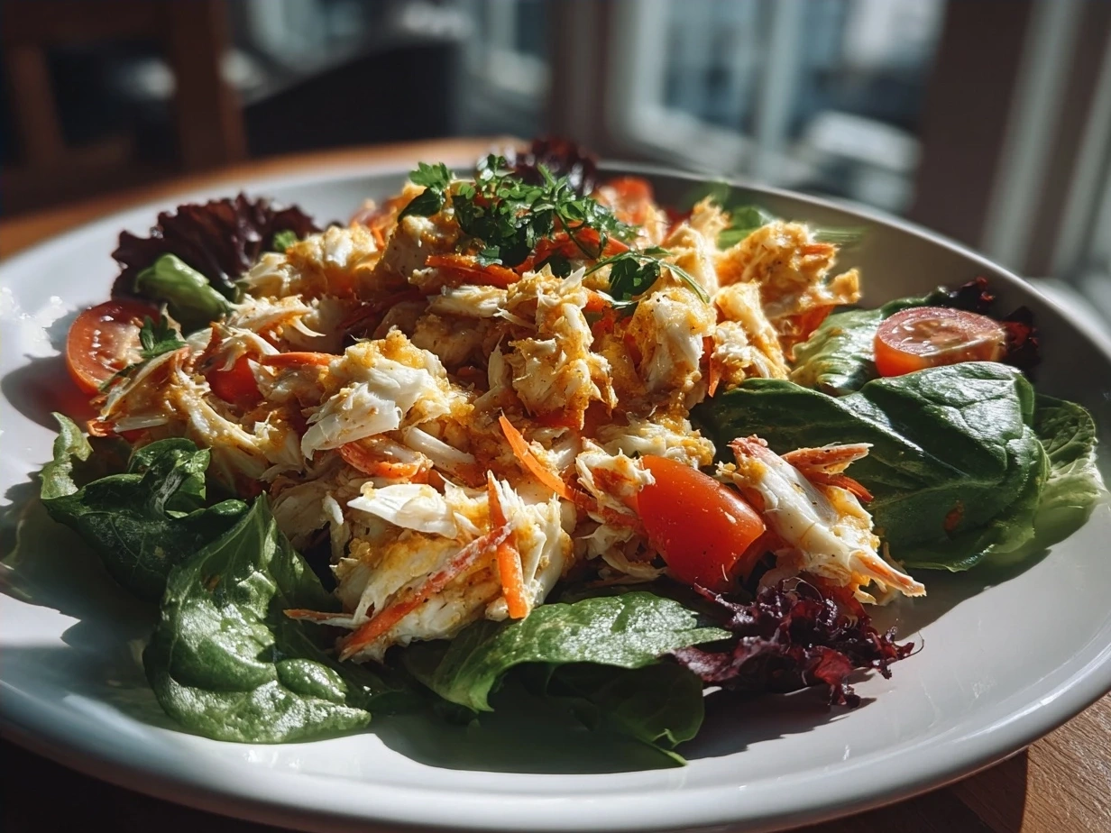 Finished Paleo Crab Louie salad beautifully plated with fresh crab, avocado, and vibrant greens
