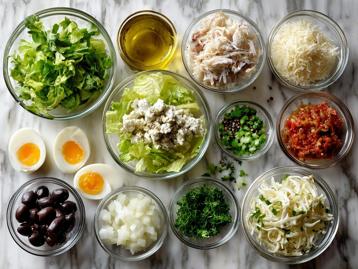 Ingredients laid out for Paleo Crab Louie salad, including fresh crab, mixed greens, avocado, tomatoes, eggs, and paleo mayo