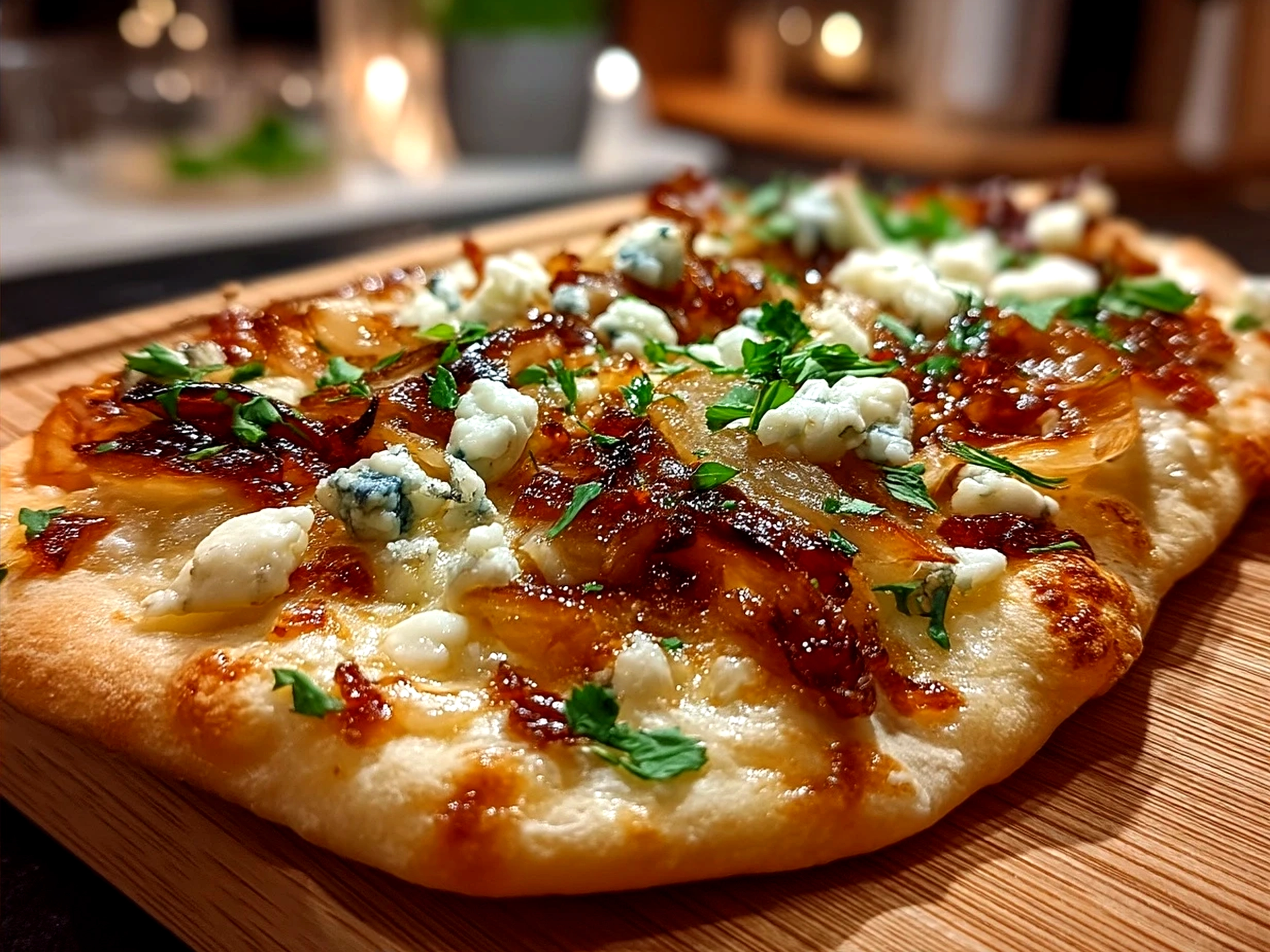 Finished Pear Gorgonzola Flatbread served on wooden board with fresh arugula