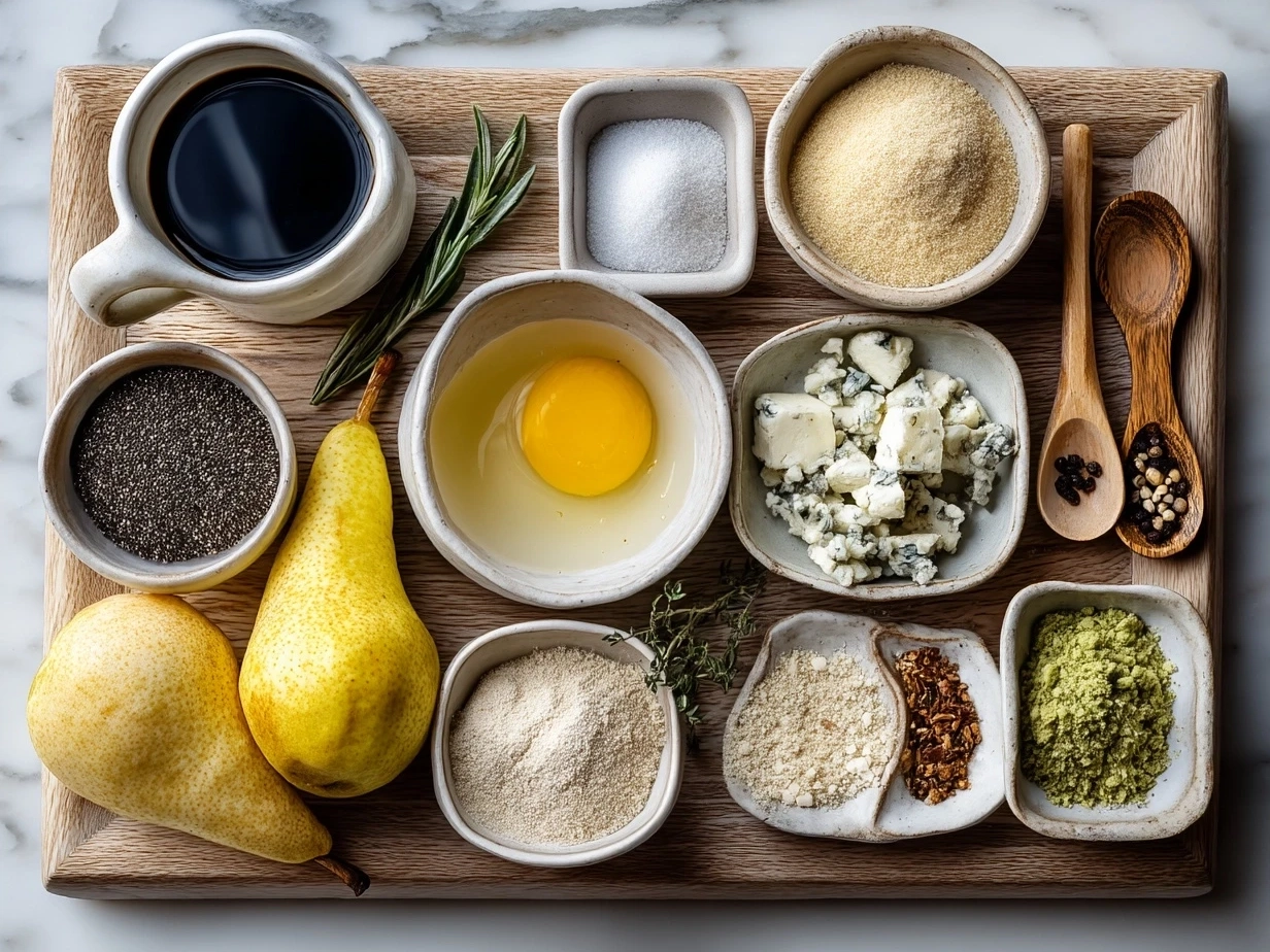Ingredients for Pear Gorgonzola Flatbread including pears, Gorgonzola cheese, olive oil, honey, and arugula