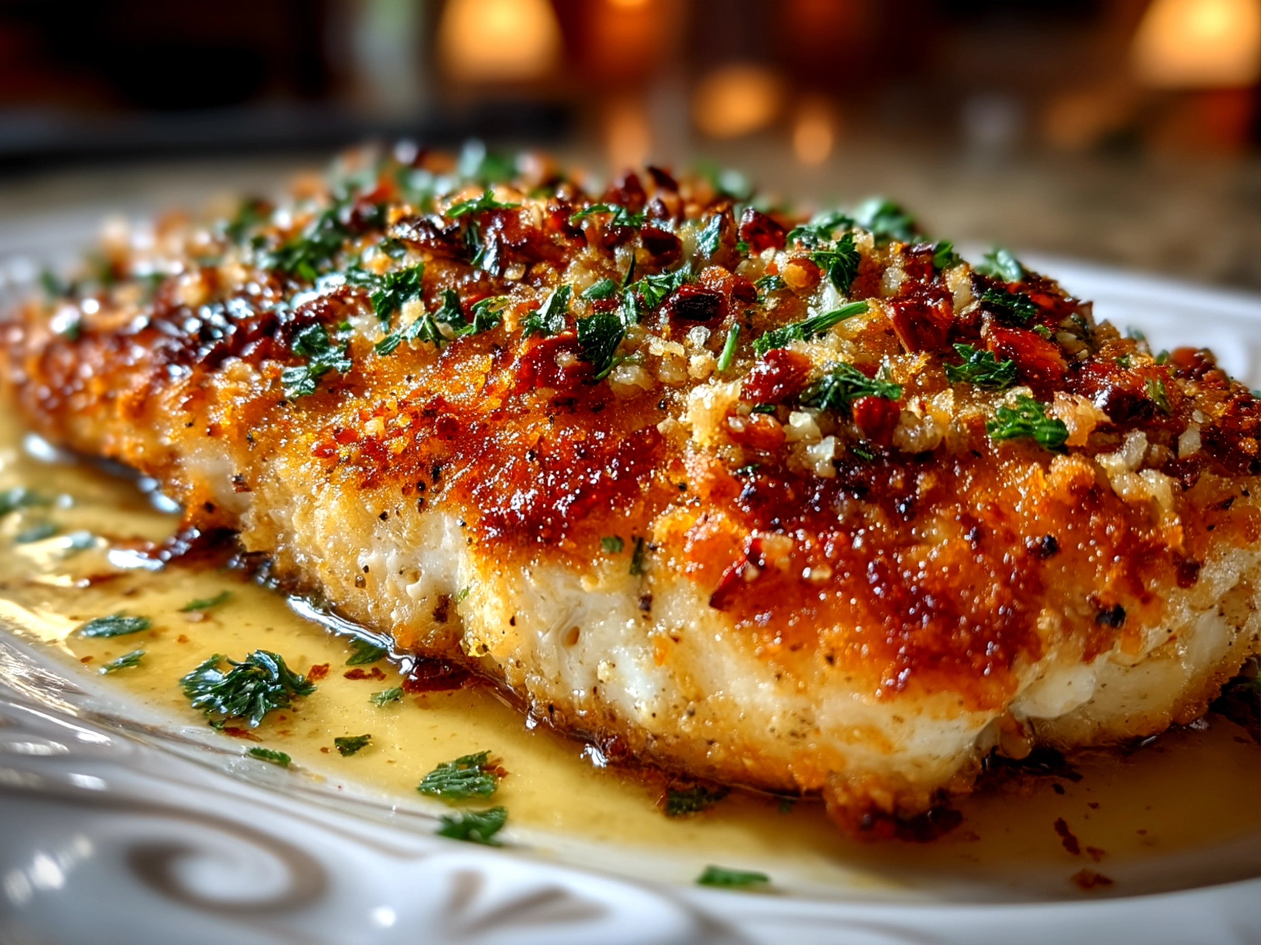 Served Pecan Crusted Tilapia fillets on a bed of arugula with lemon wedges