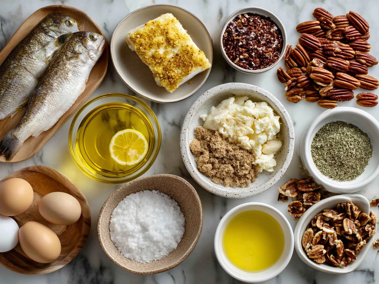 Ingredients for Pecan Crusted Tilapia including fresh tilapia fillets, chopped pecans, panko breadcrumbs, and seasonings