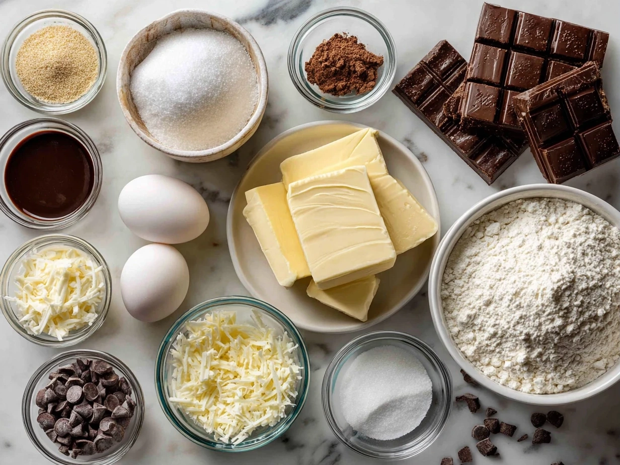Ingredients for Peppermint Bark Brownies including butter, sugar, eggs, vanilla, cocoa powder, flour, salt, baking powder, white and semi-sweet chocolate chips, peppermint extract, and crushed peppermint candies