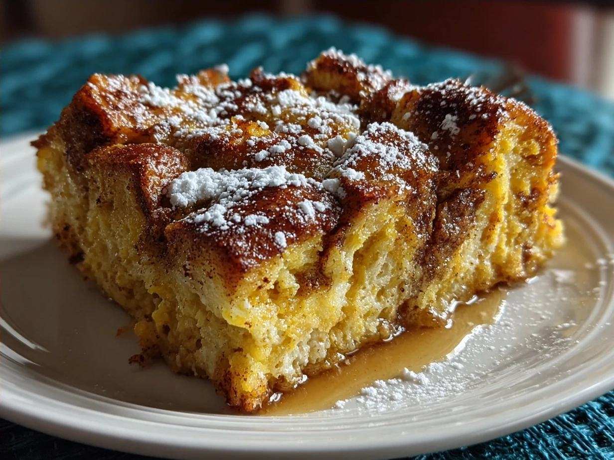 Final plated Pumpkin Spice French Toast Casserole with golden crust and fall-inspired garnishes
