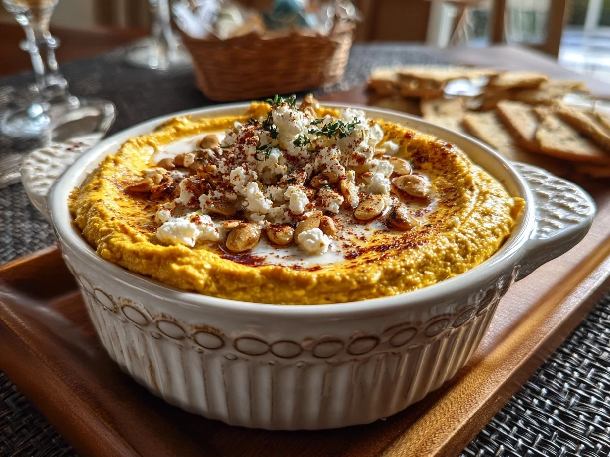 Final delicious Pumpkin Whipped Feta Dip served in a rustic bowl