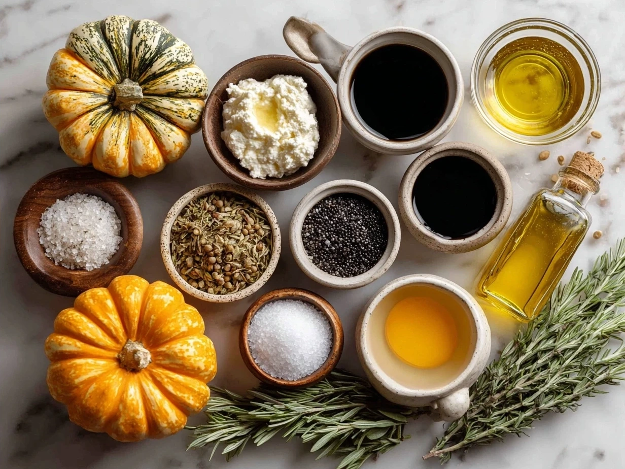 Ingredients for Pumpkin Whipped Feta Dip including feta cheese, pumpkin puree, Greek yogurt, olive oil, garlic, smoked paprika, cinnamon, salt, and black pepper